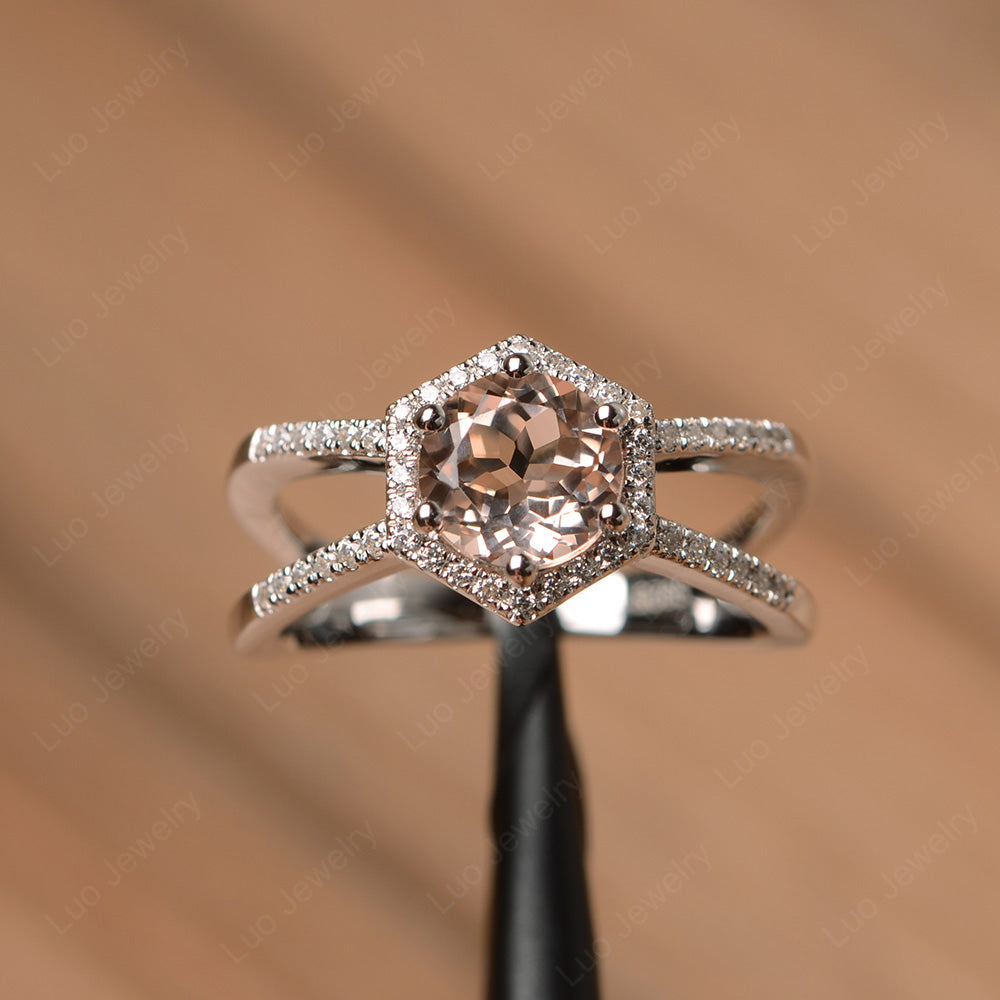 Hexagon Morganite Halo Ring With Split Shank - LUO Jewelry