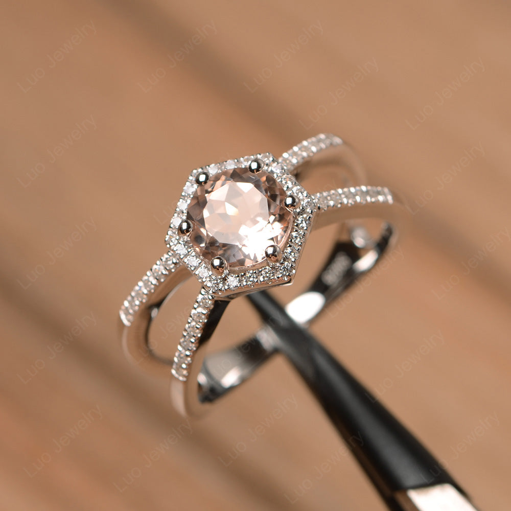Hexagon Morganite Halo Ring With Split Shank - LUO Jewelry