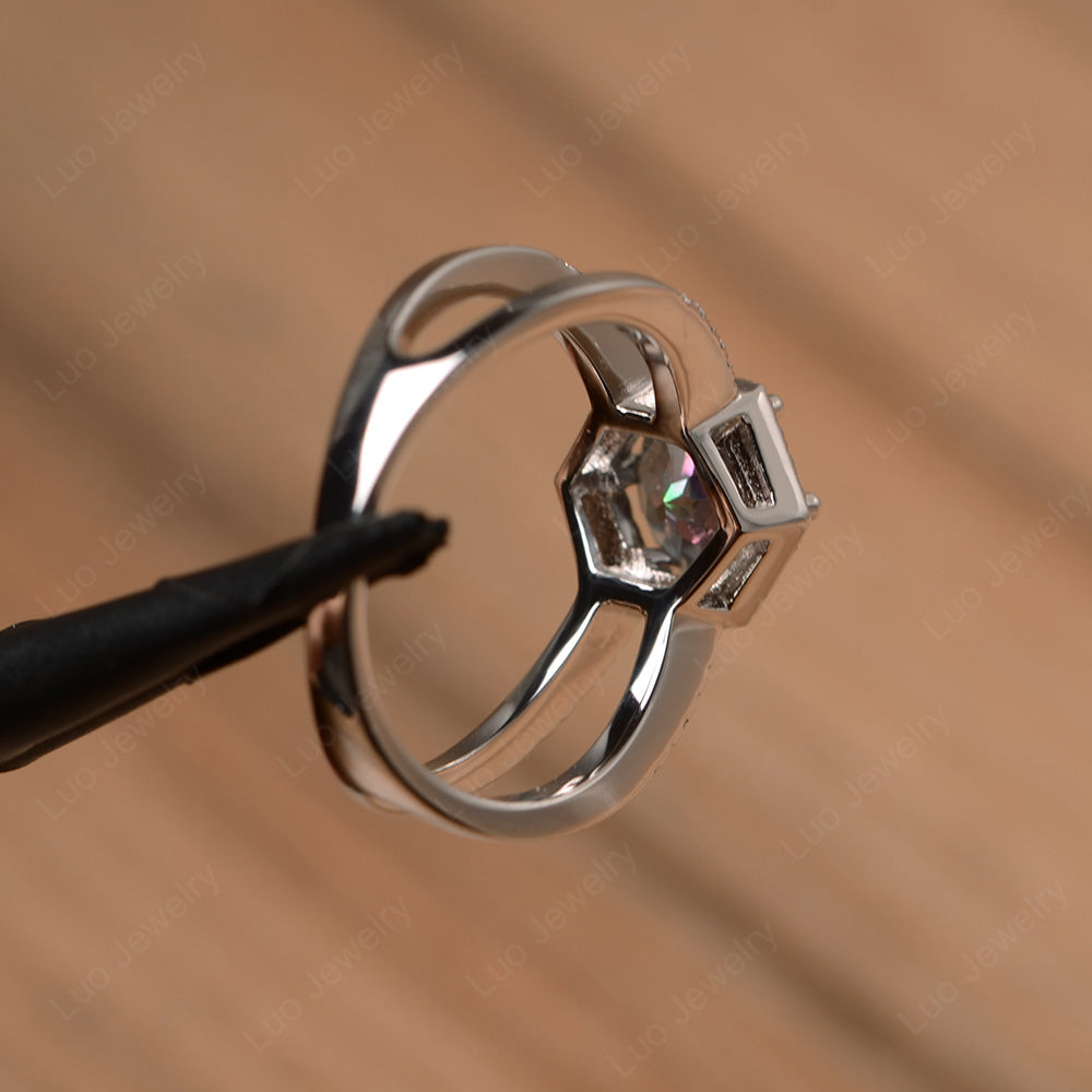 Hexagon Mystic Topaz Halo Ring With Split Shank - LUO Jewelry