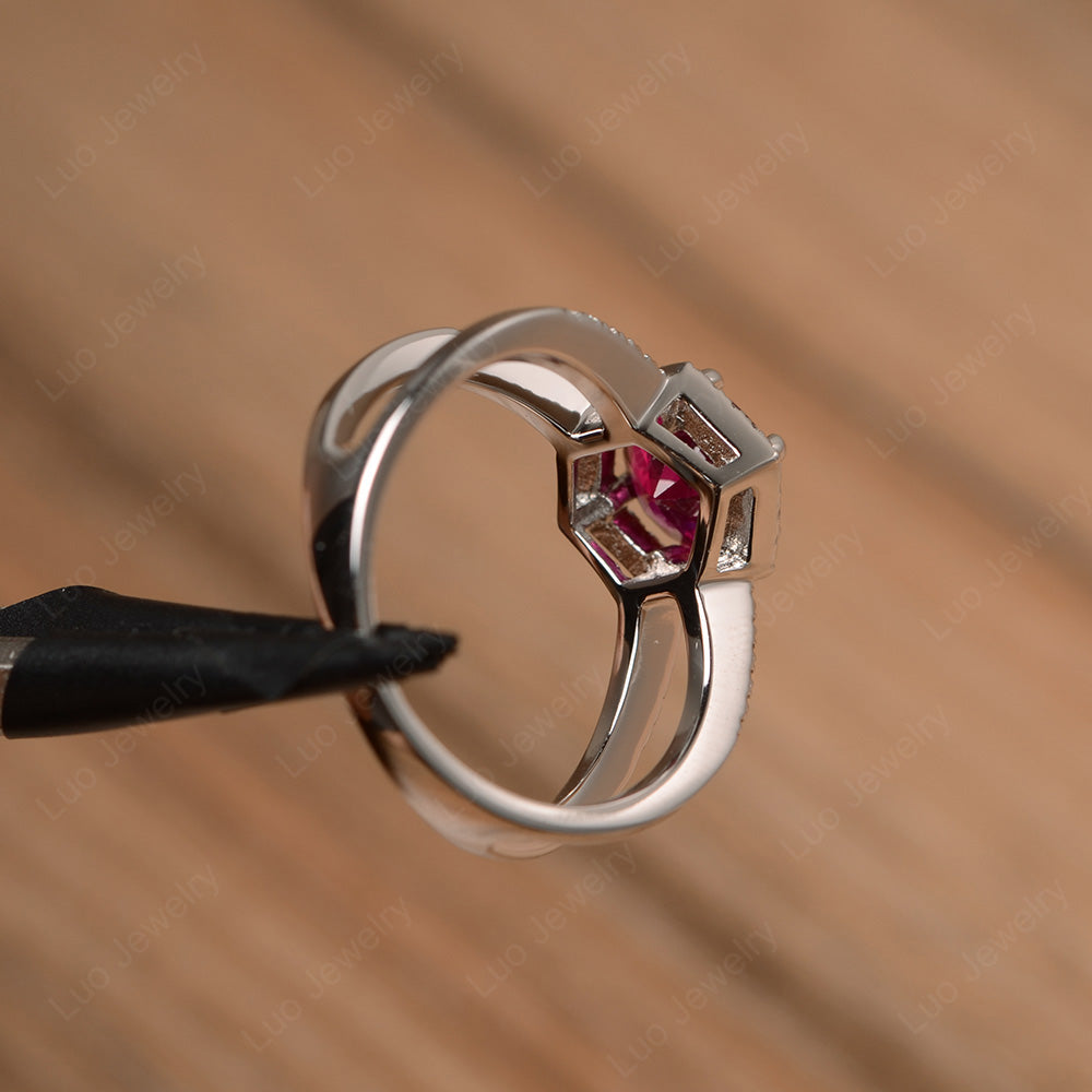 Hexagon Ruby Halo Ring With Split Shank - LUO Jewelry