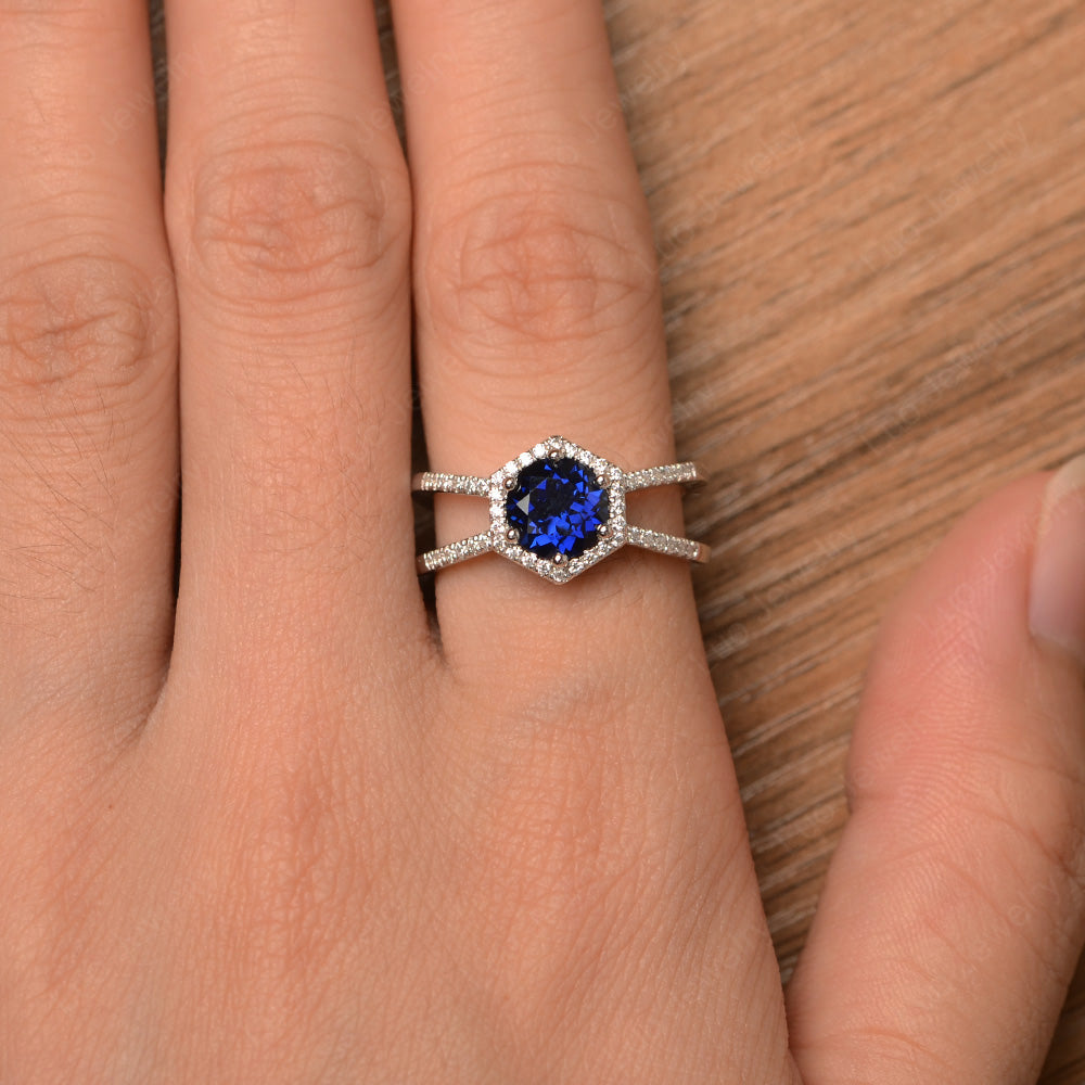 Hexagon Lab Sapphire Halo Ring With Split Shank - LUO Jewelry