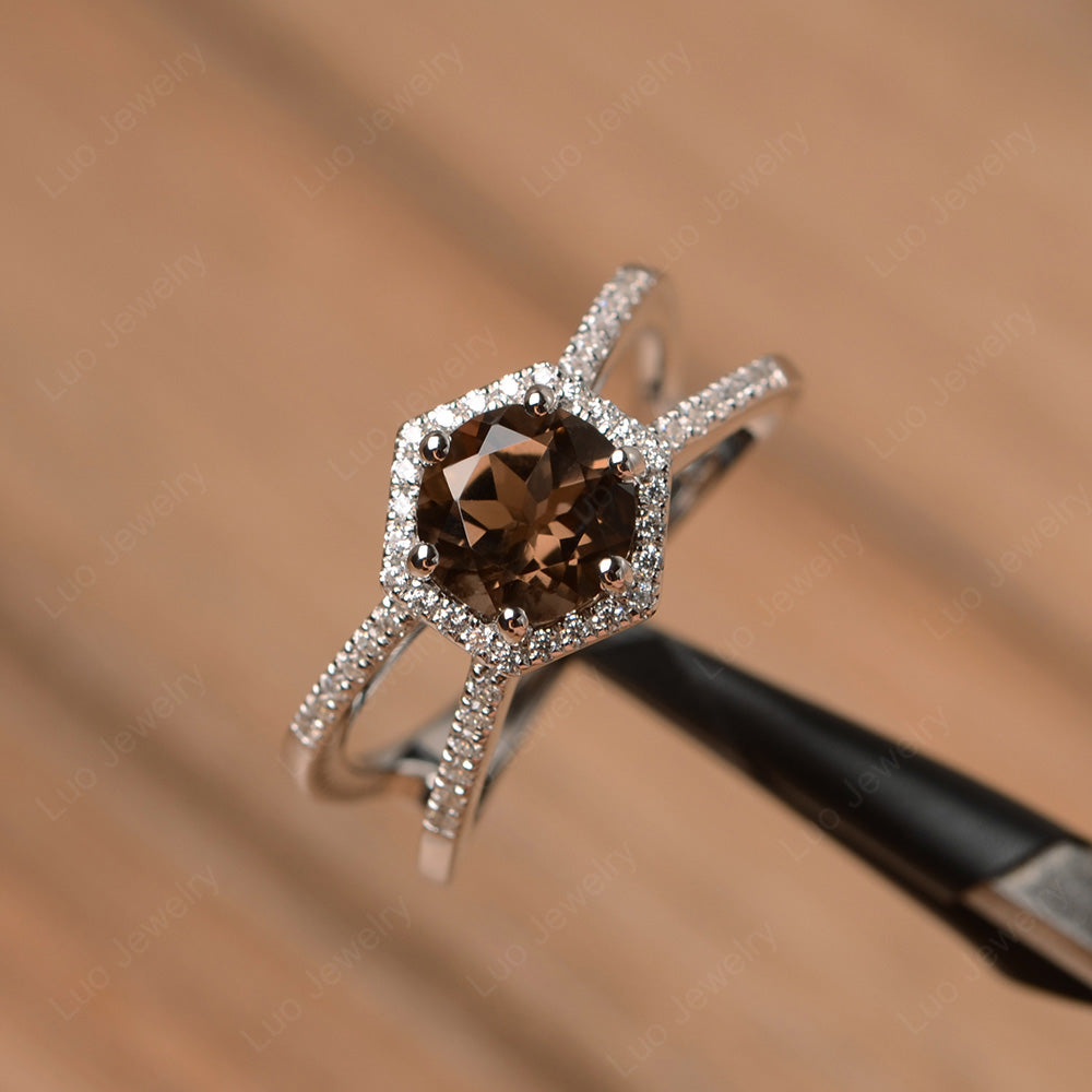 Hexagon Smoky Quartz  Halo Ring With Split Shank - LUO Jewelry