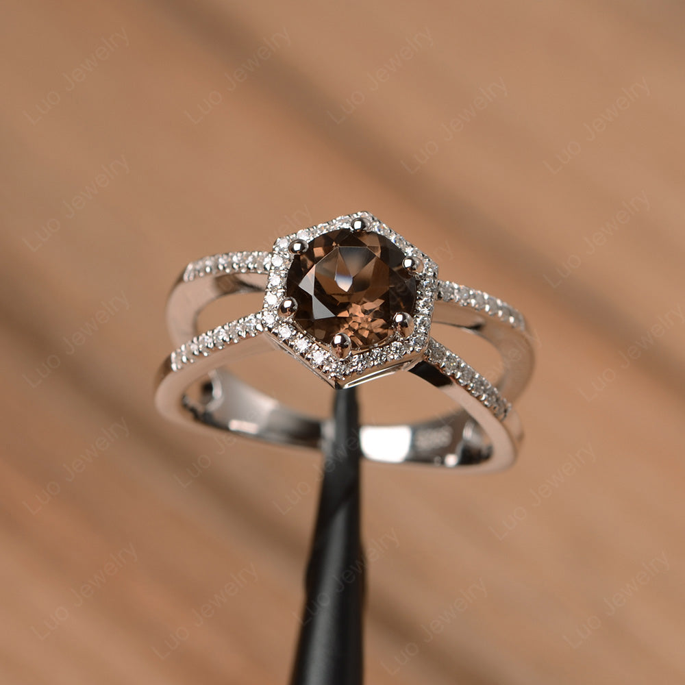 Hexagon Smoky Quartz  Halo Ring With Split Shank - LUO Jewelry