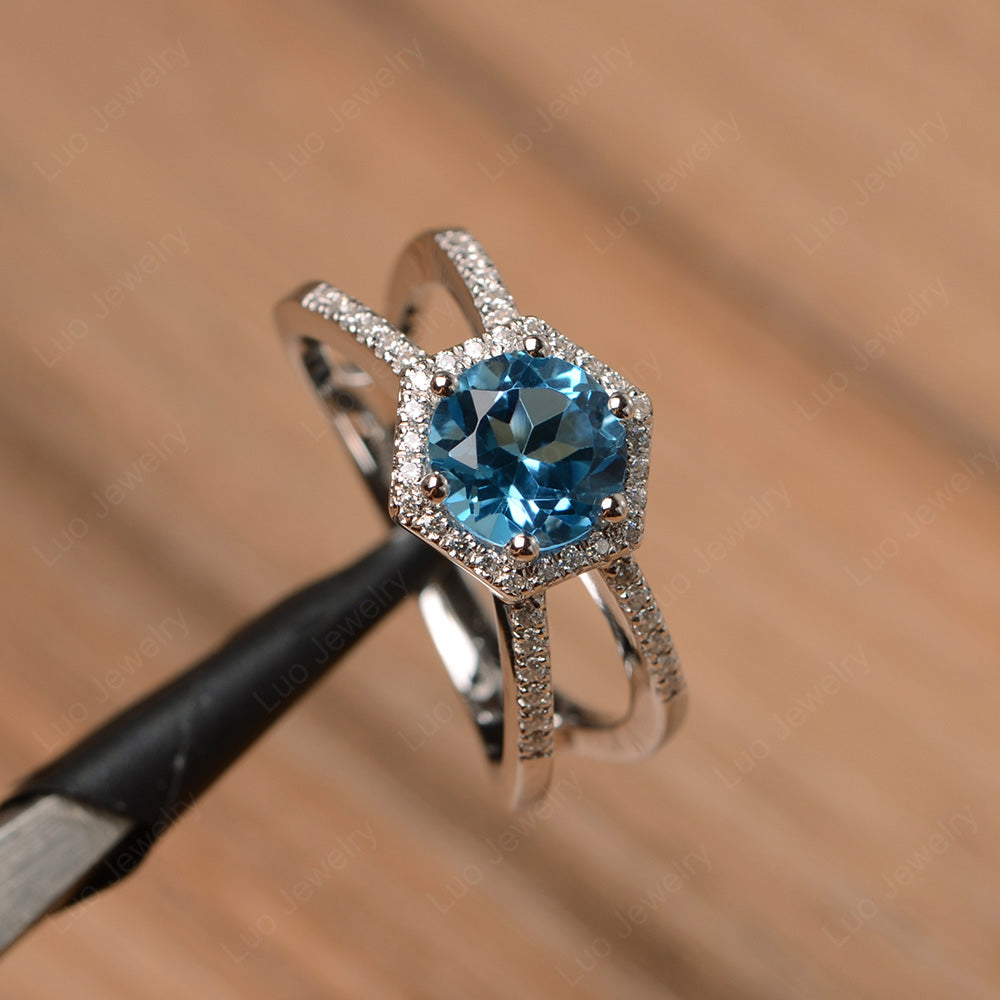 Hexagon Swiss Blue Topaz Halo Ring With Split Shank - LUO Jewelry