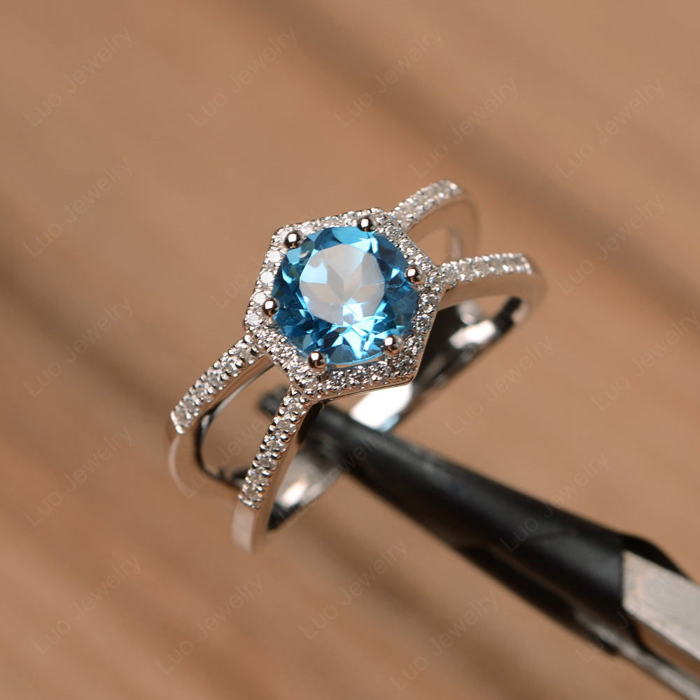 Hexagon Swiss Blue Topaz Halo Ring With Split Shank - LUO Jewelry