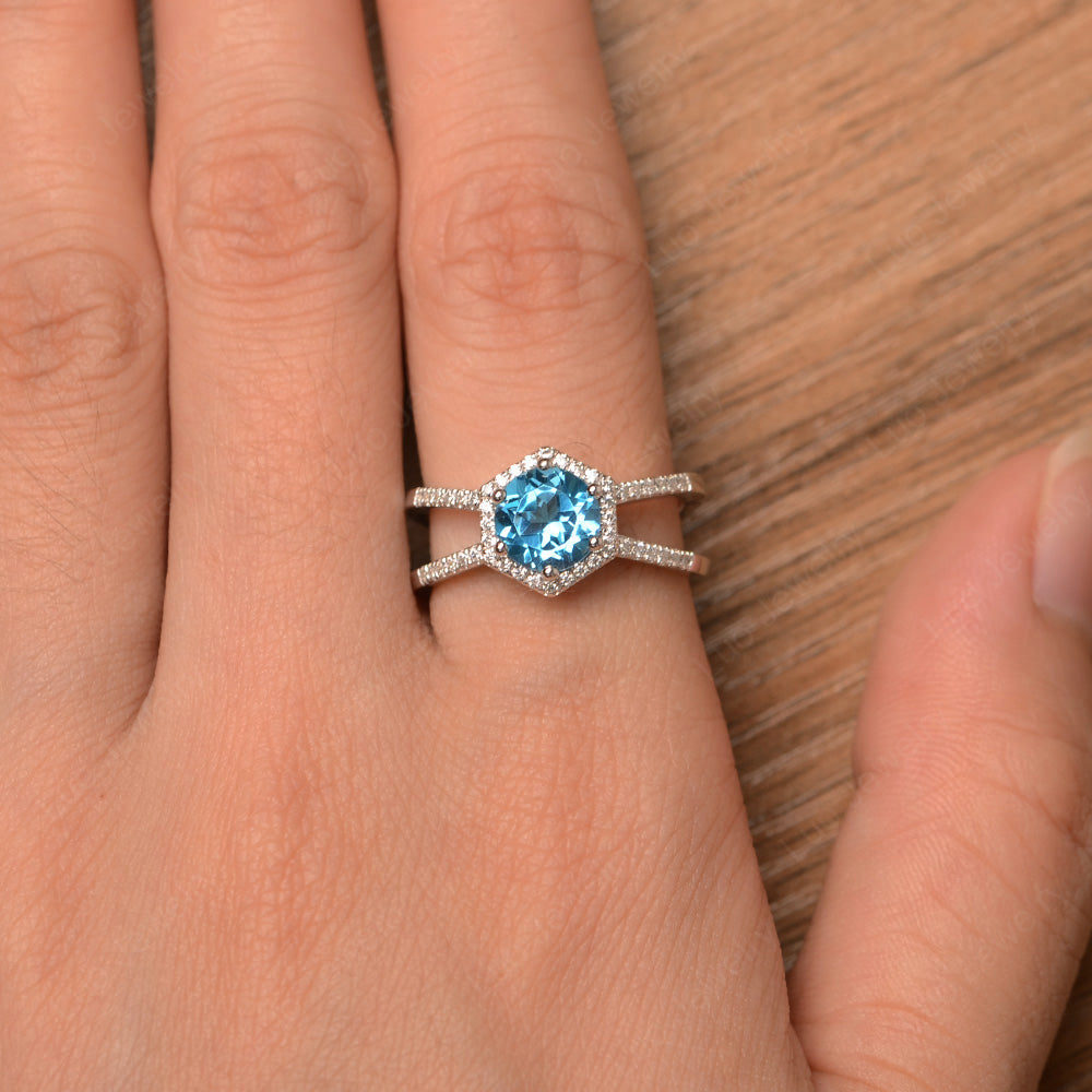 Hexagon Swiss Blue Topaz Halo Ring With Split Shank - LUO Jewelry