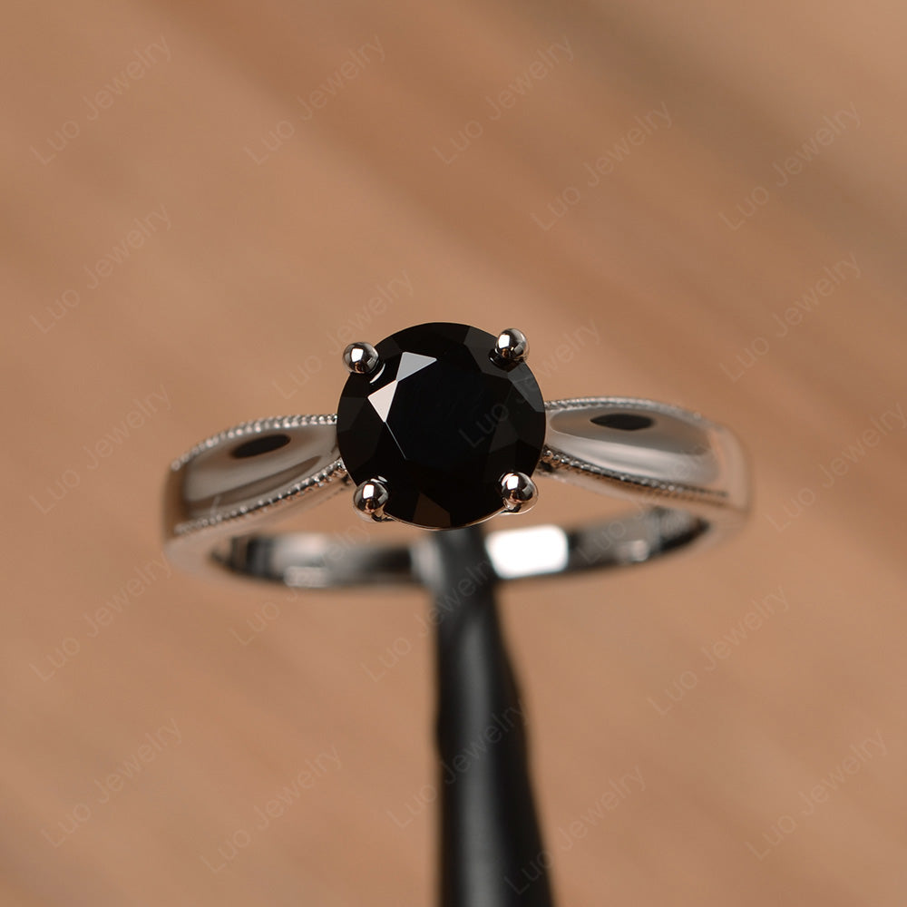 Black Stone Ring Solitaire Engagement Ring - LUO Jewelry