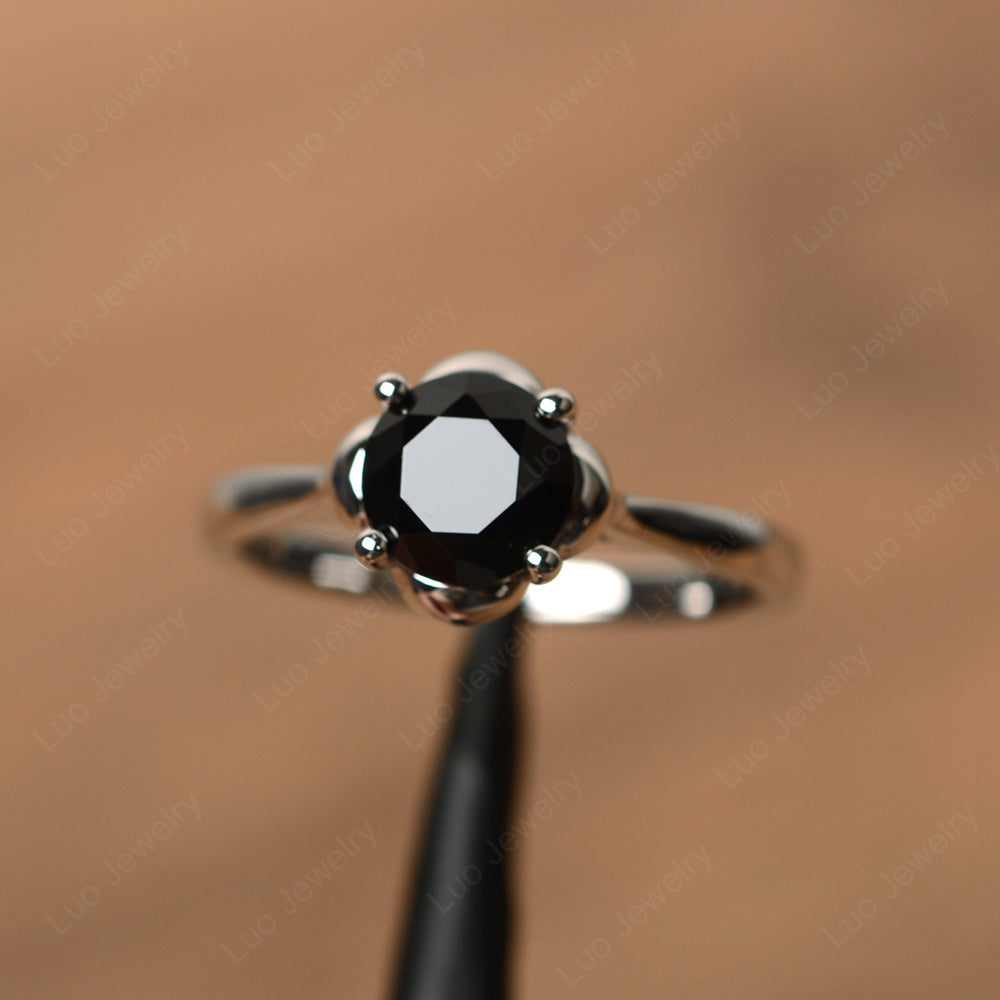 Flower Black Stone Solitaire Engagement Ring - LUO Jewelry