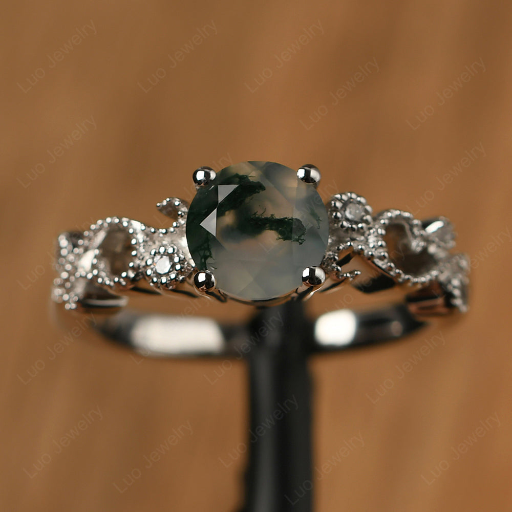 Round Cut Moss Agate Vintage Engagement Ring - LUO Jewelry