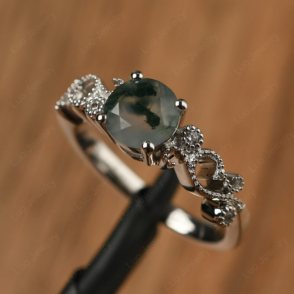 Round Cut Moss Agate Vintage Engagement Ring - LUO Jewelry