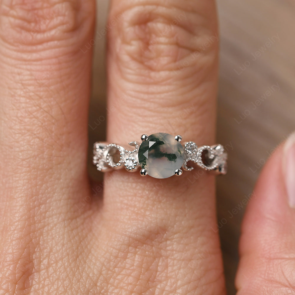 Round Cut Moss Agate Vintage Engagement Ring - LUO Jewelry