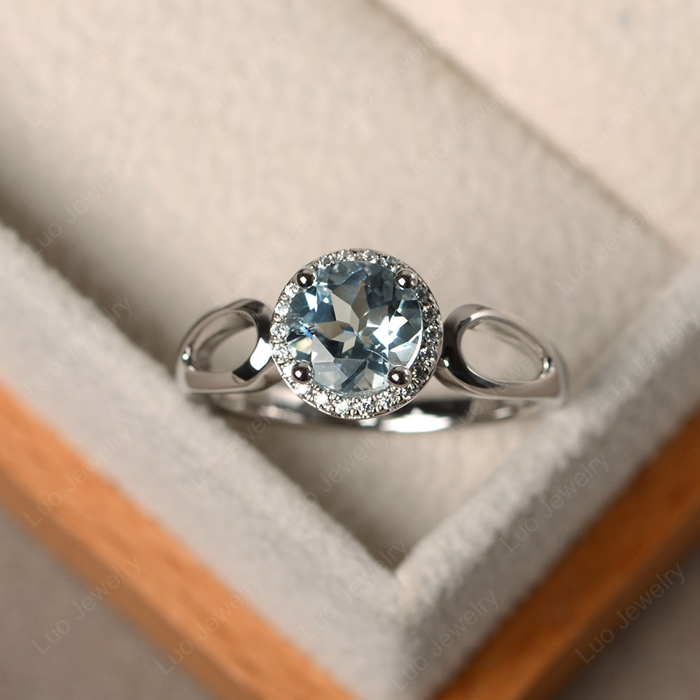 Aquamarine Halo Engagement Ring Split Shank - LUO Jewelry