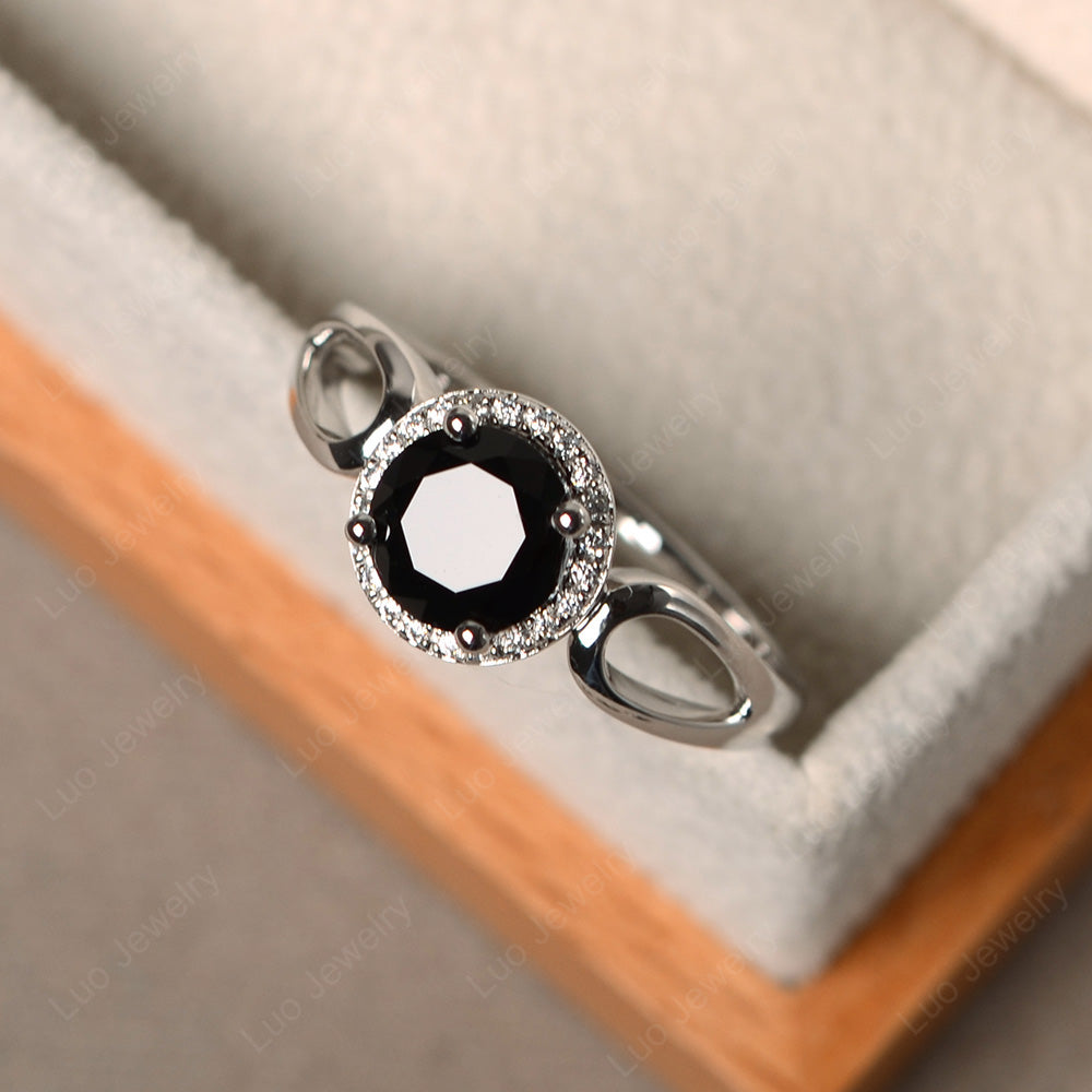 Black Spinel Halo Engagement Ring Split Shank - LUO Jewelry