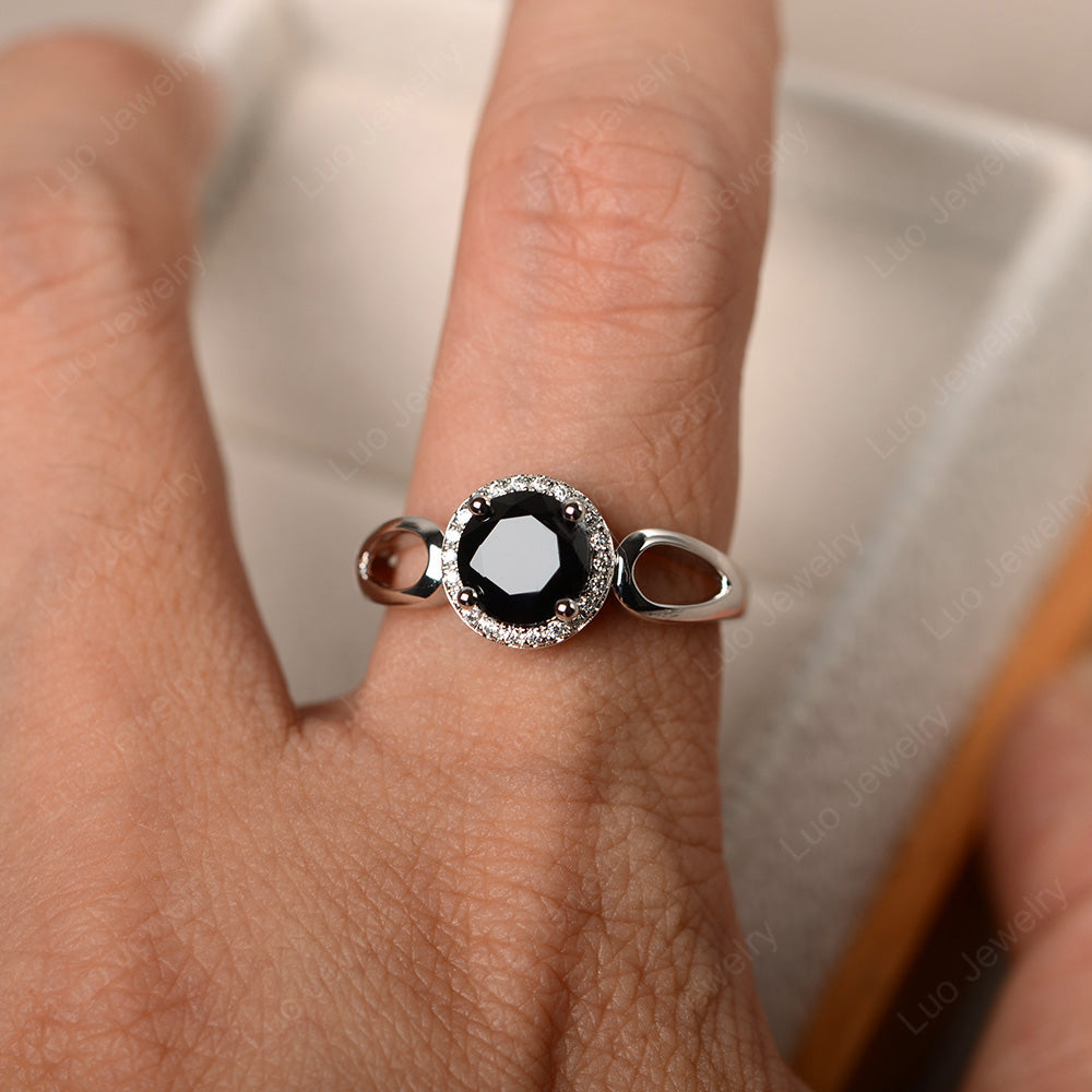 Black Spinel Halo Engagement Ring Split Shank - LUO Jewelry