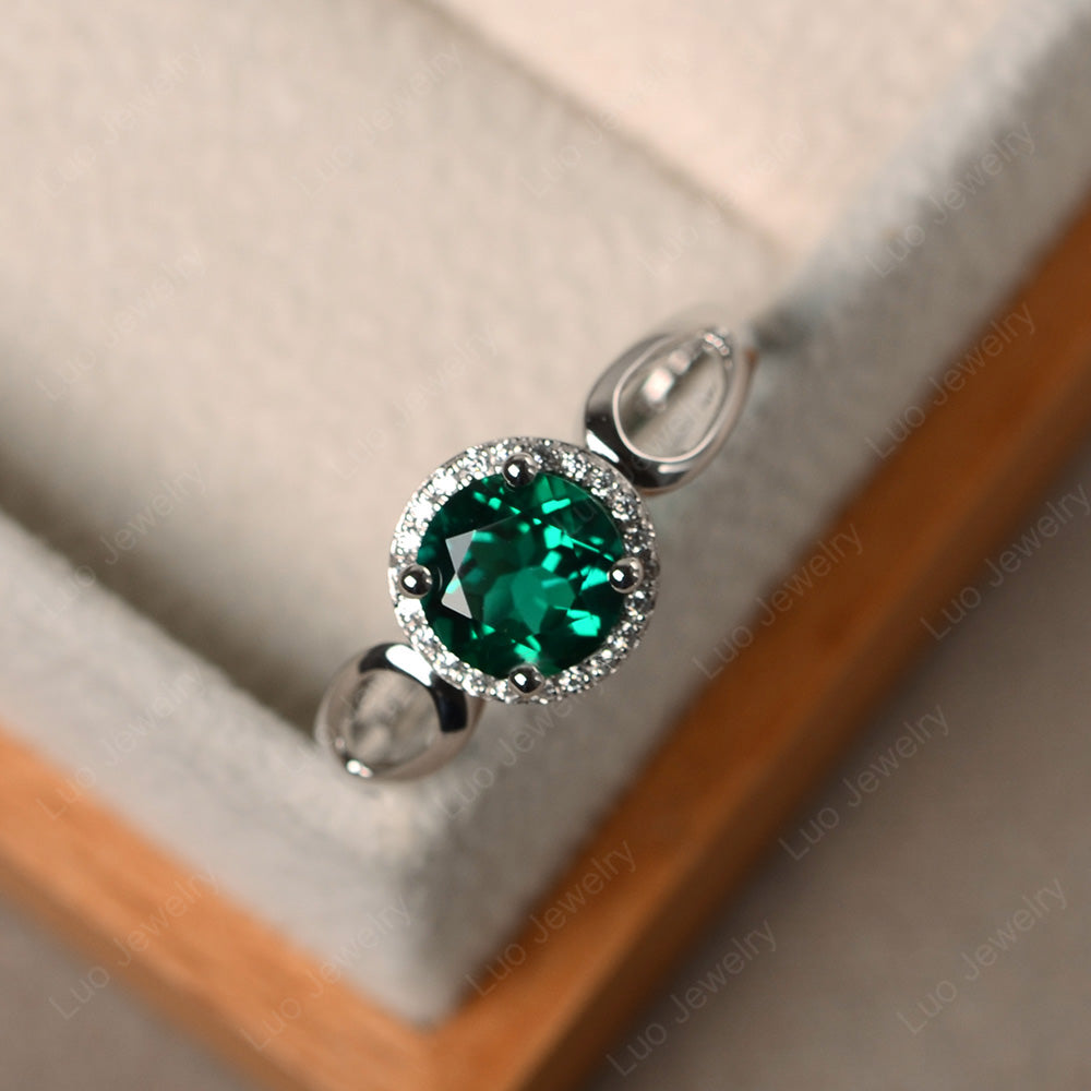 Lab Emerald Halo Engagement Ring Split Shank - LUO Jewelry