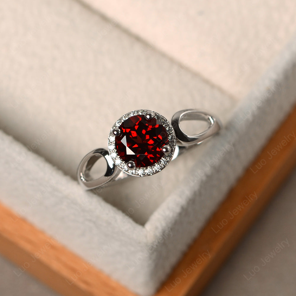 Garnet Halo Engagement Ring Split Shank - LUO Jewelry