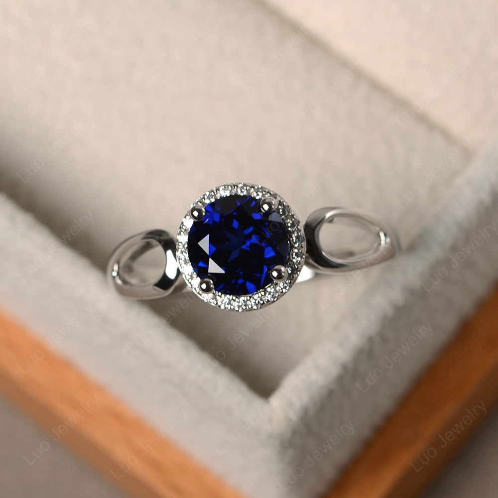 Lab Sapphire Halo Engagement Ring Split Shank - LUO Jewelry