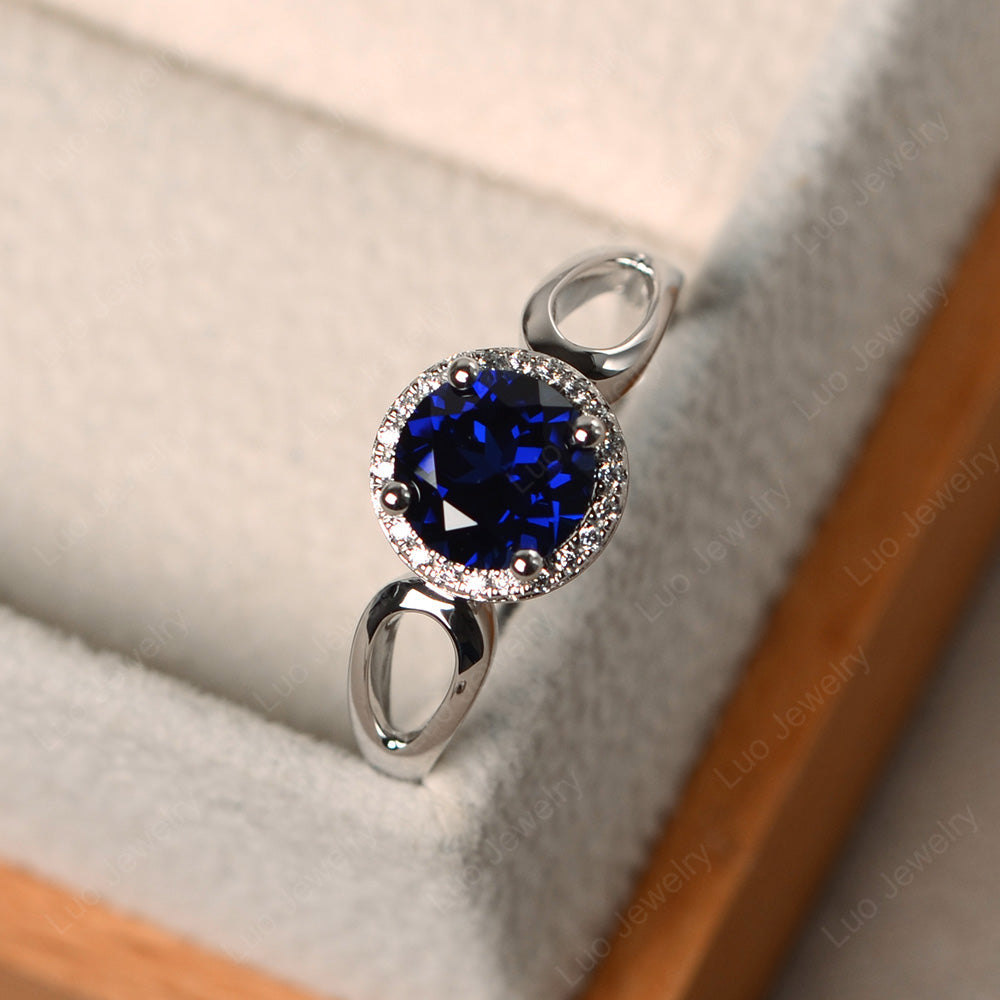 Lab Sapphire Halo Engagement Ring Split Shank - LUO Jewelry