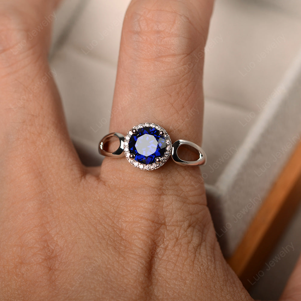 Lab Sapphire Halo Engagement Ring Split Shank - LUO Jewelry