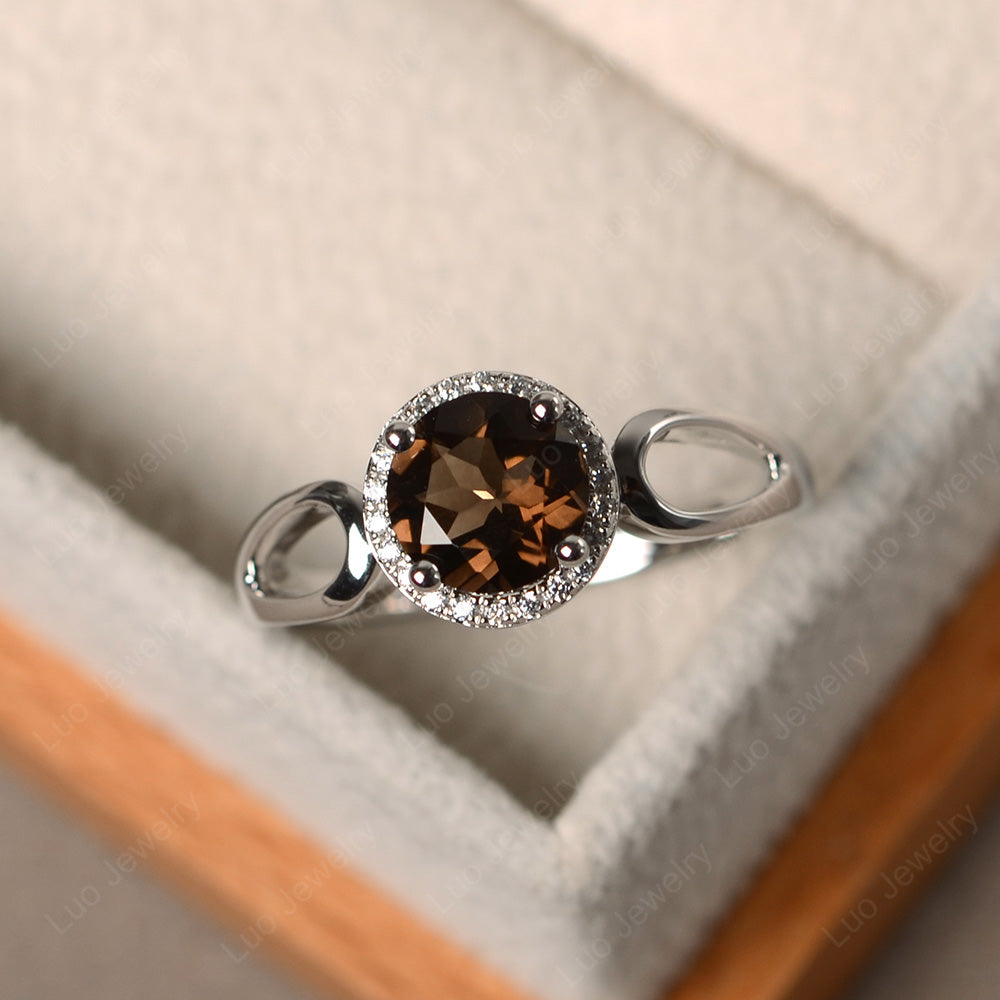 Smoky Quartz  Halo Engagement Ring Split Shank - LUO Jewelry