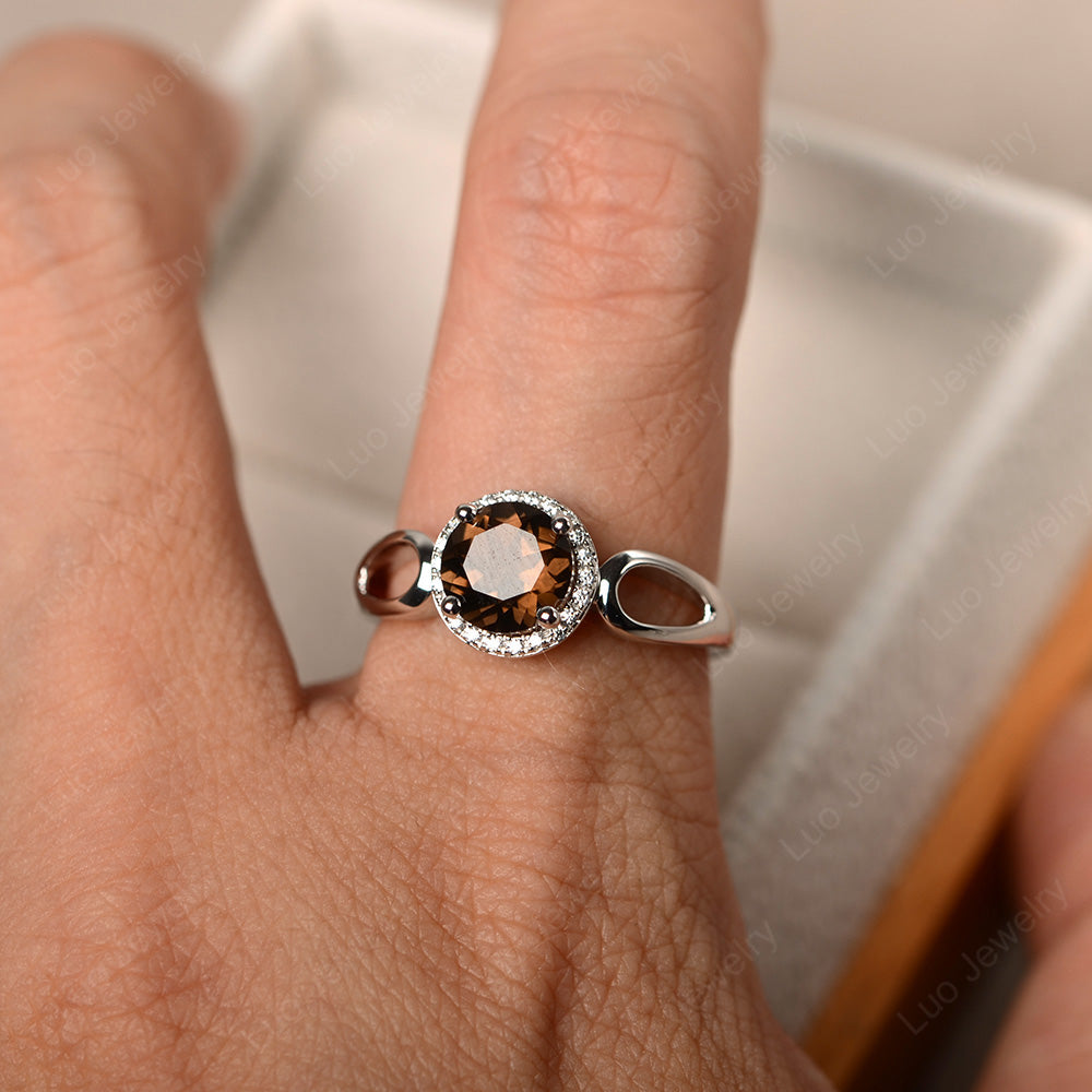 Smoky Quartz  Halo Engagement Ring Split Shank - LUO Jewelry