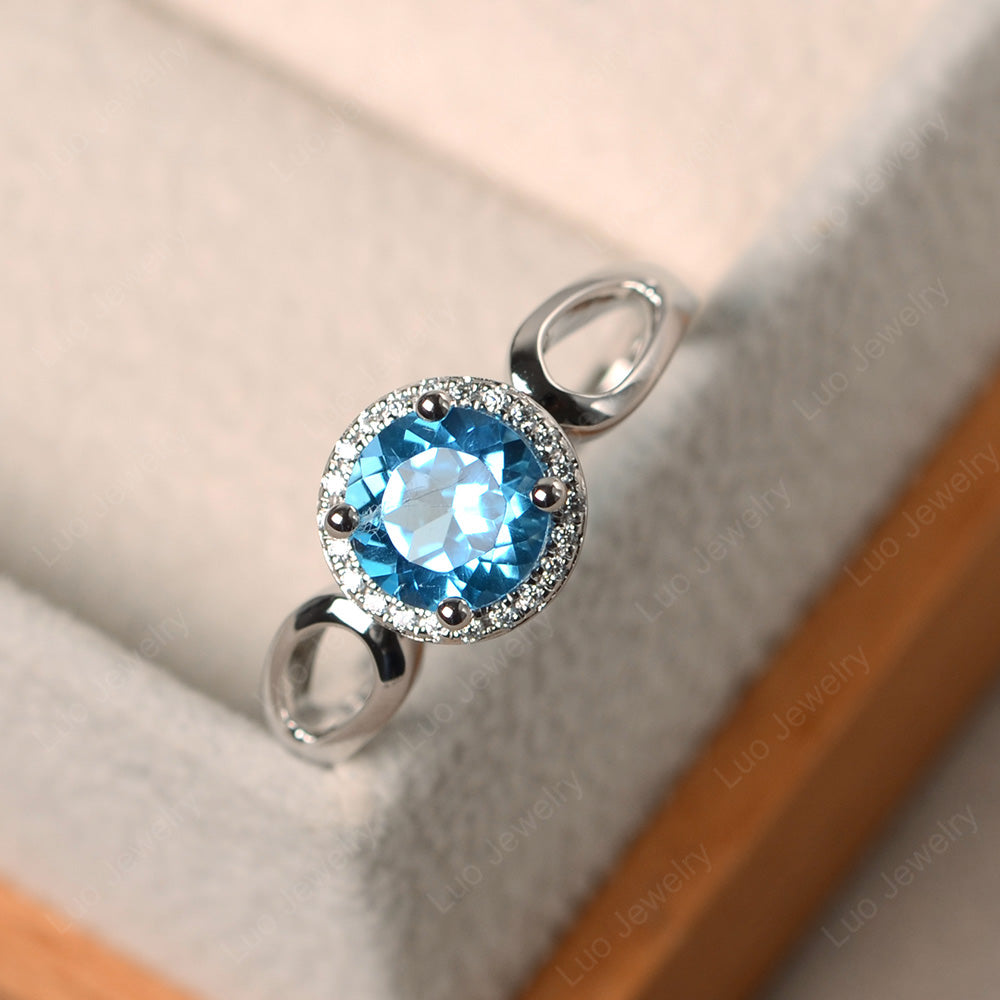 Swiss Blue Topaz Halo Engagement Ring Split Shank - LUO Jewelry