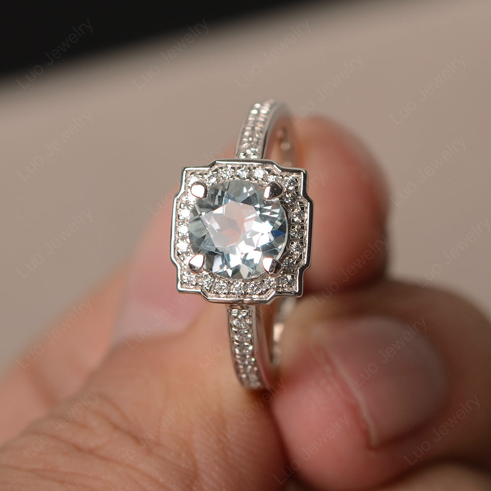 Round Cut Aquamarine Halo Engagement Ring Gold - LUO Jewelry
