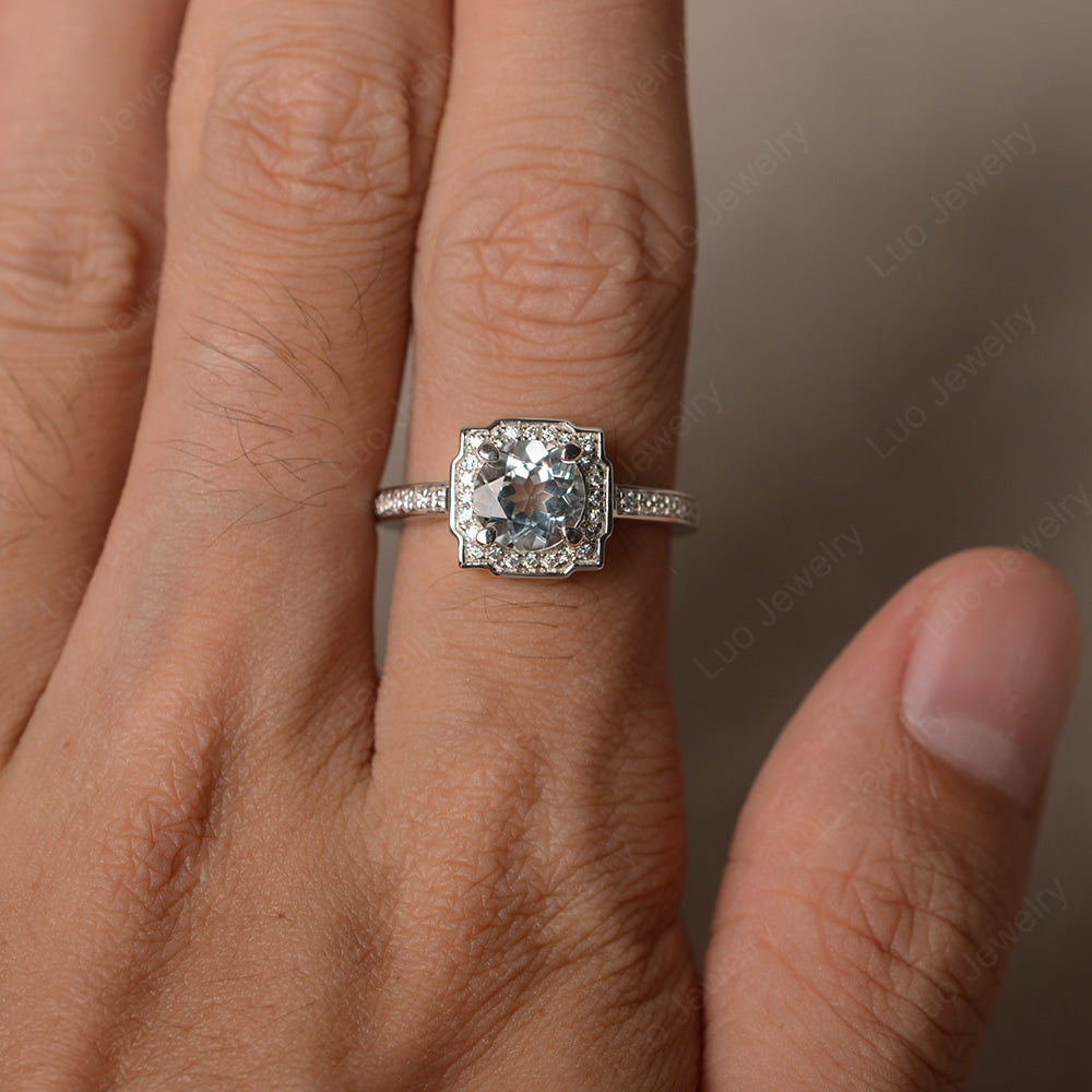 Round Cut Aquamarine Halo Engagement Ring Gold - LUO Jewelry