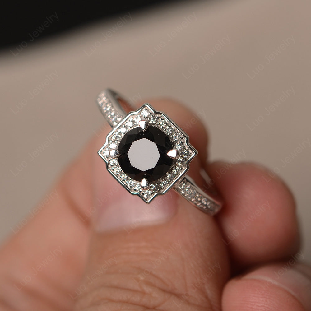 Round Cut Black Stone Halo Engagement Ring Gold - LUO Jewelry