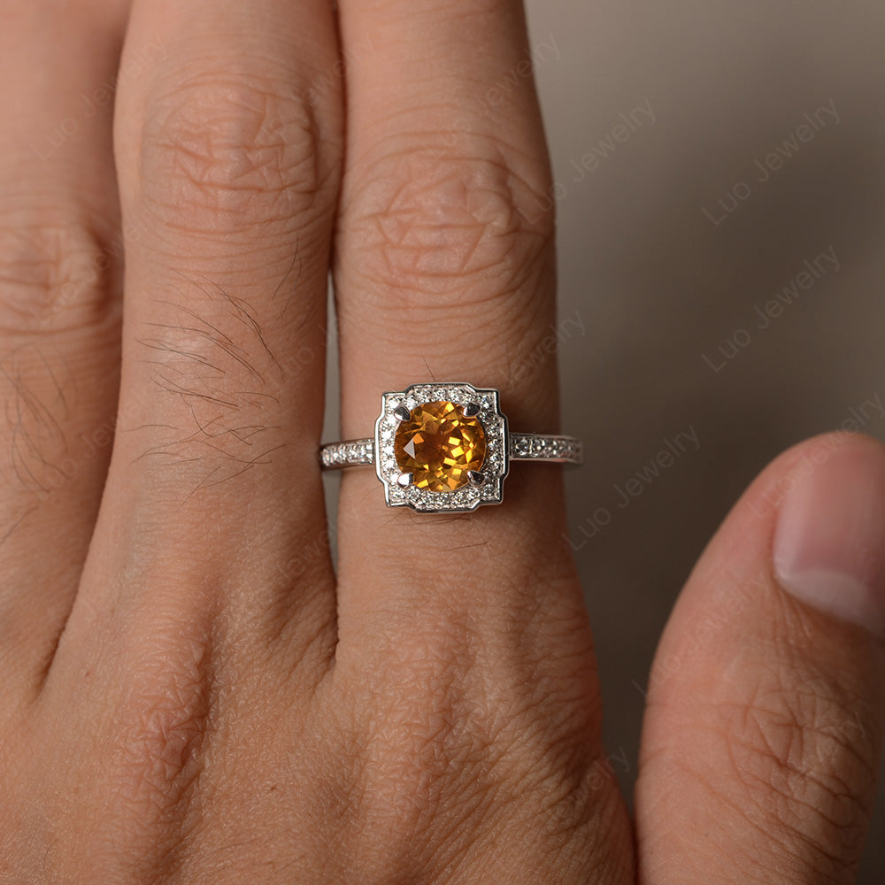 Round Cut Citrine Halo Engagement Ring Gold - LUO Jewelry