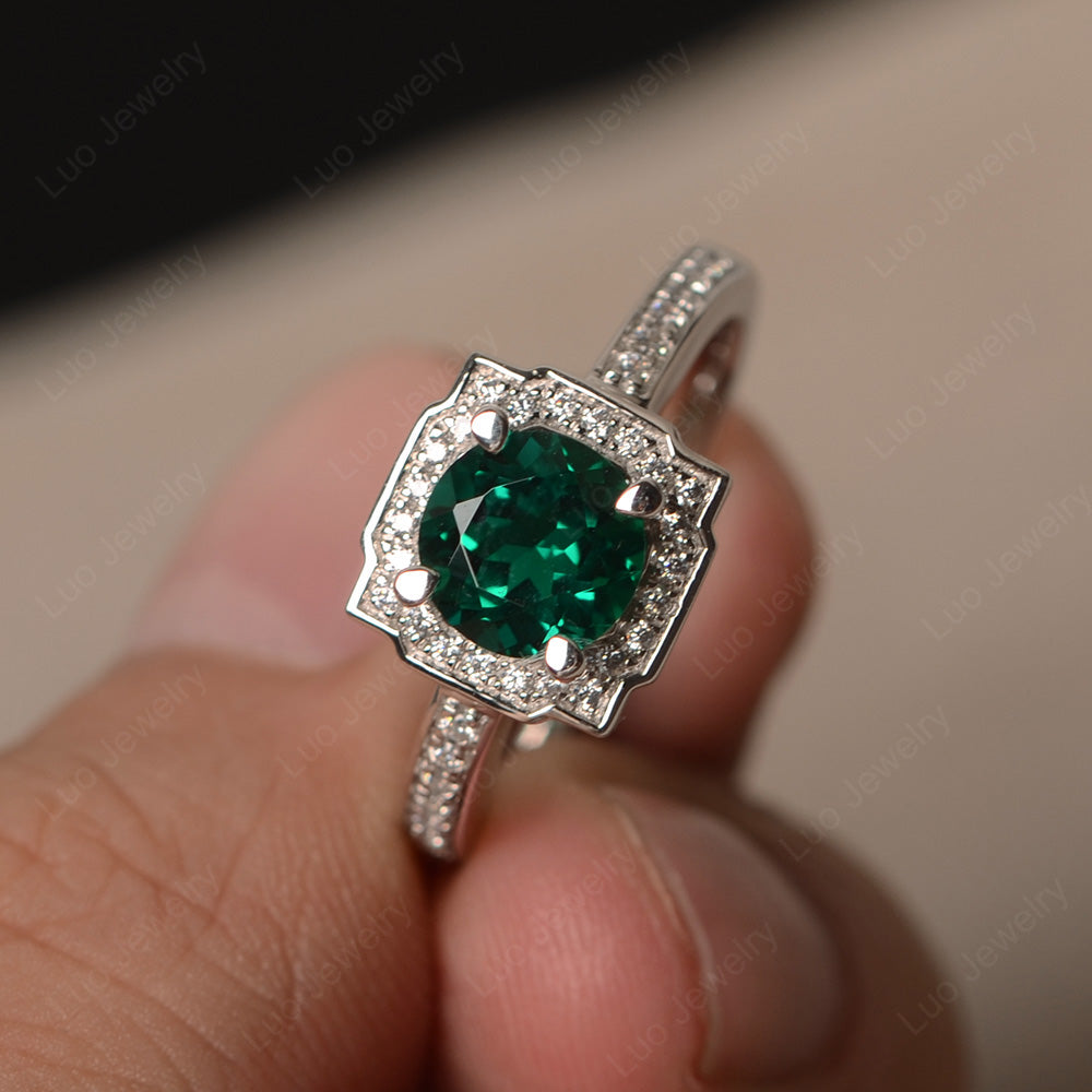 Round Cut Lab Emerald Halo Engagement Ring Gold - LUO Jewelry