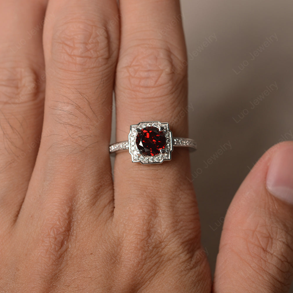 Round Cut Garnet Halo Engagement Ring Gold - LUO Jewelry