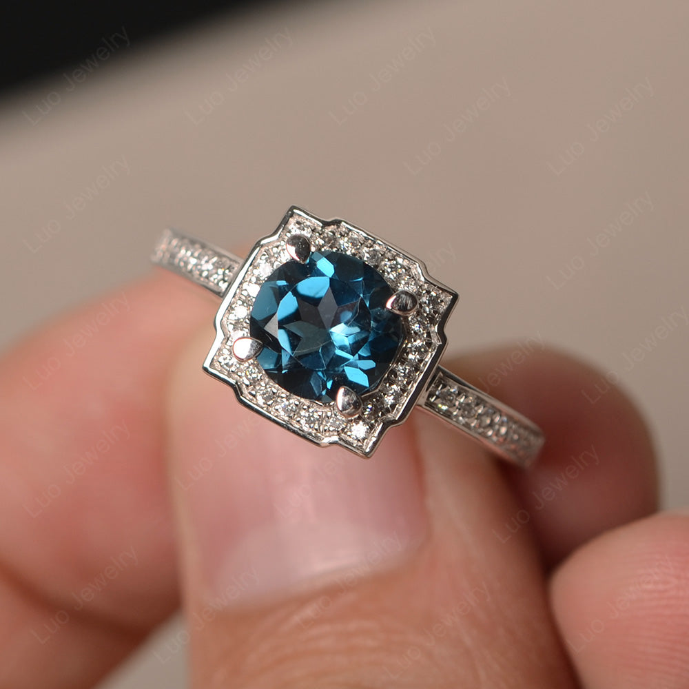 Round Cut London Blue Topaz Halo Engagement Ring Gold - LUO Jewelry
