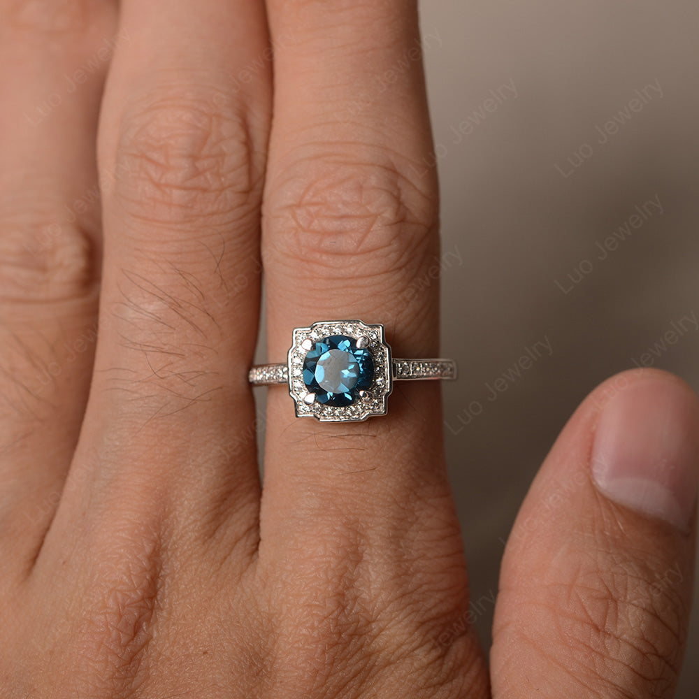Round Cut London Blue Topaz Halo Engagement Ring Gold - LUO Jewelry