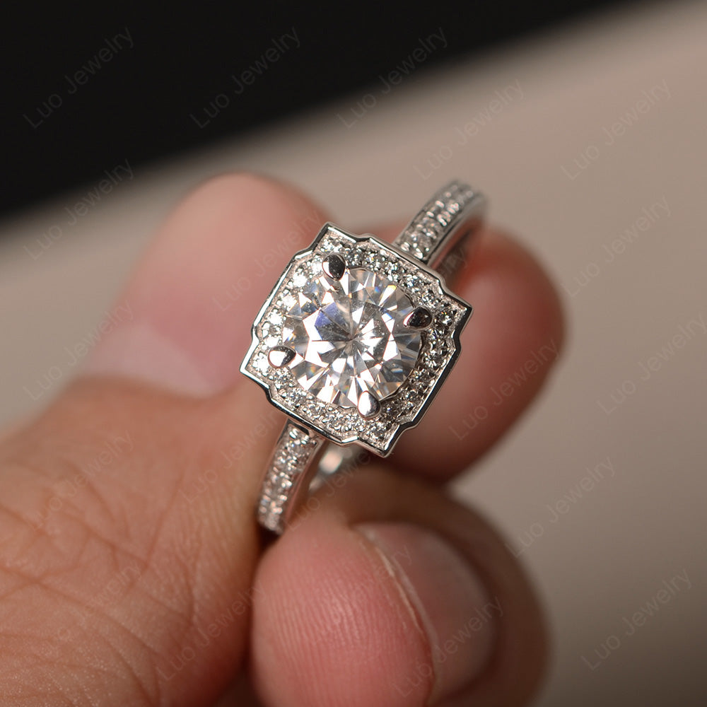 Round Cut Moissanite Halo Engagement Ring Gold - LUO Jewelry