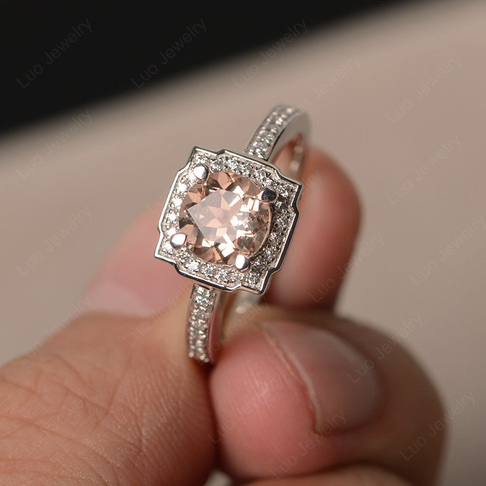 Round Cut Morganite Halo Engagement Ring Gold - LUO Jewelry
