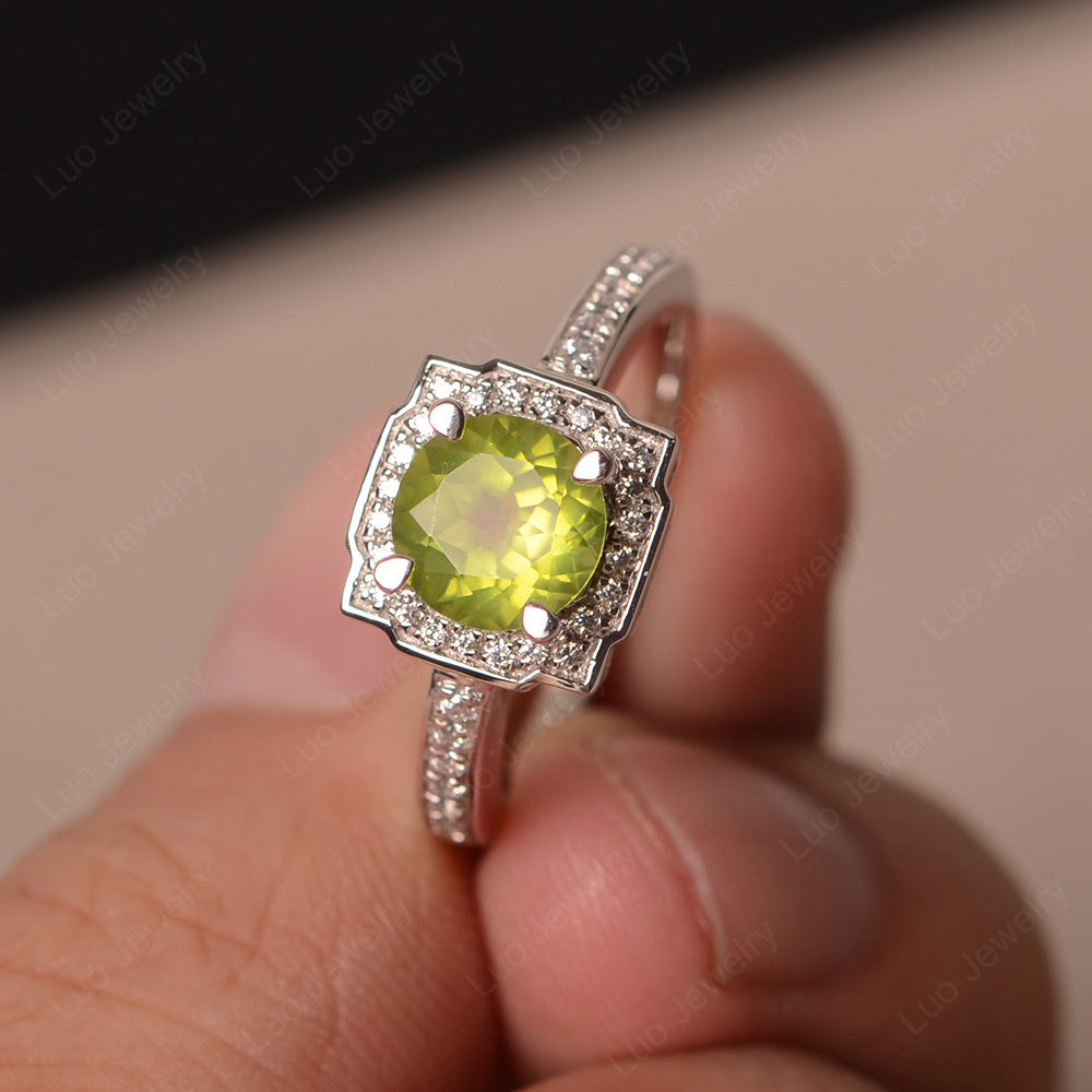 Round Cut Peridot Halo Engagement Ring Gold - LUO Jewelry