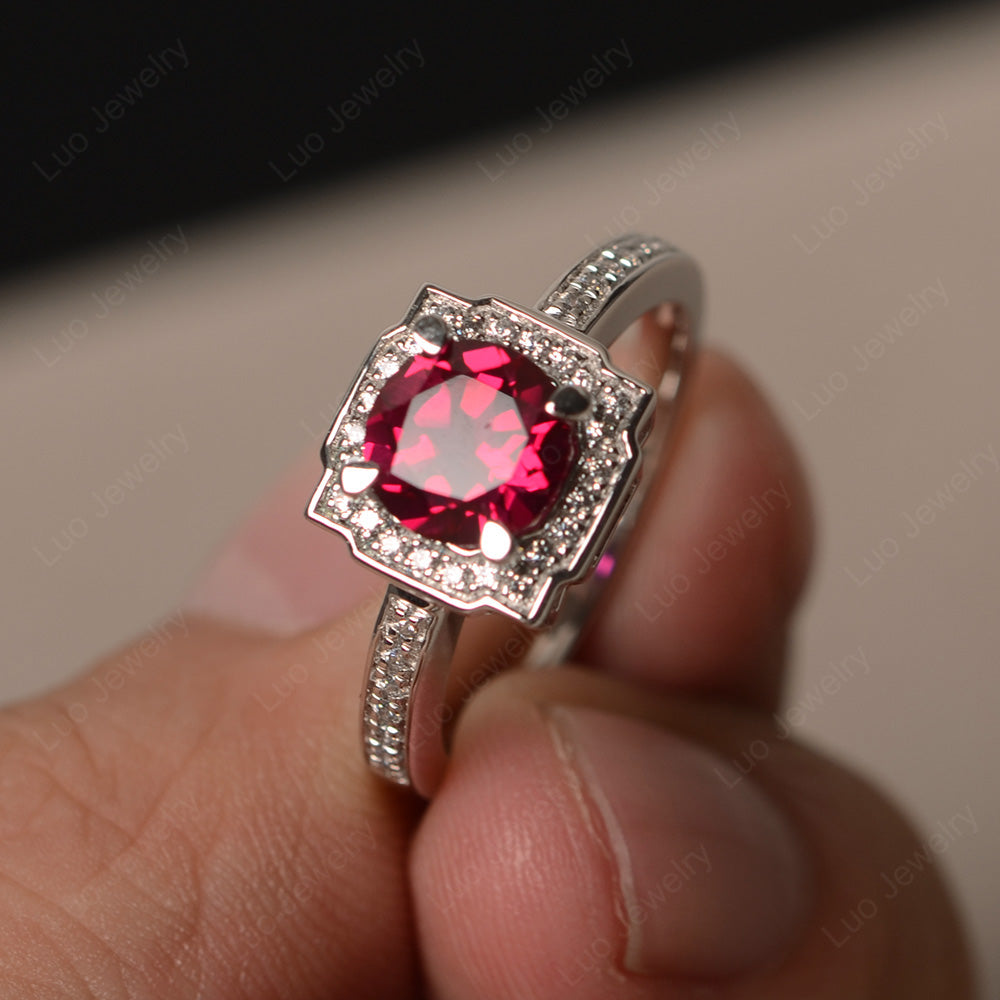 Round Cut Ruby Halo Engagement Ring Gold - LUO Jewelry