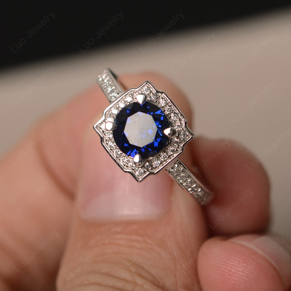 Round Cut Lab Sapphire Halo Engagement Ring Gold - LUO Jewelry