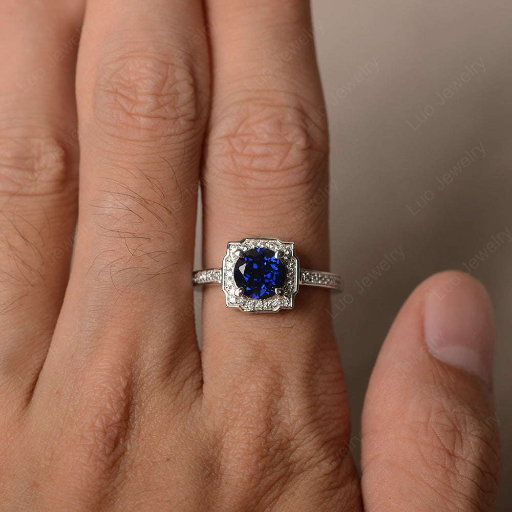 Round Cut Lab Sapphire Halo Engagement Ring Gold - LUO Jewelry