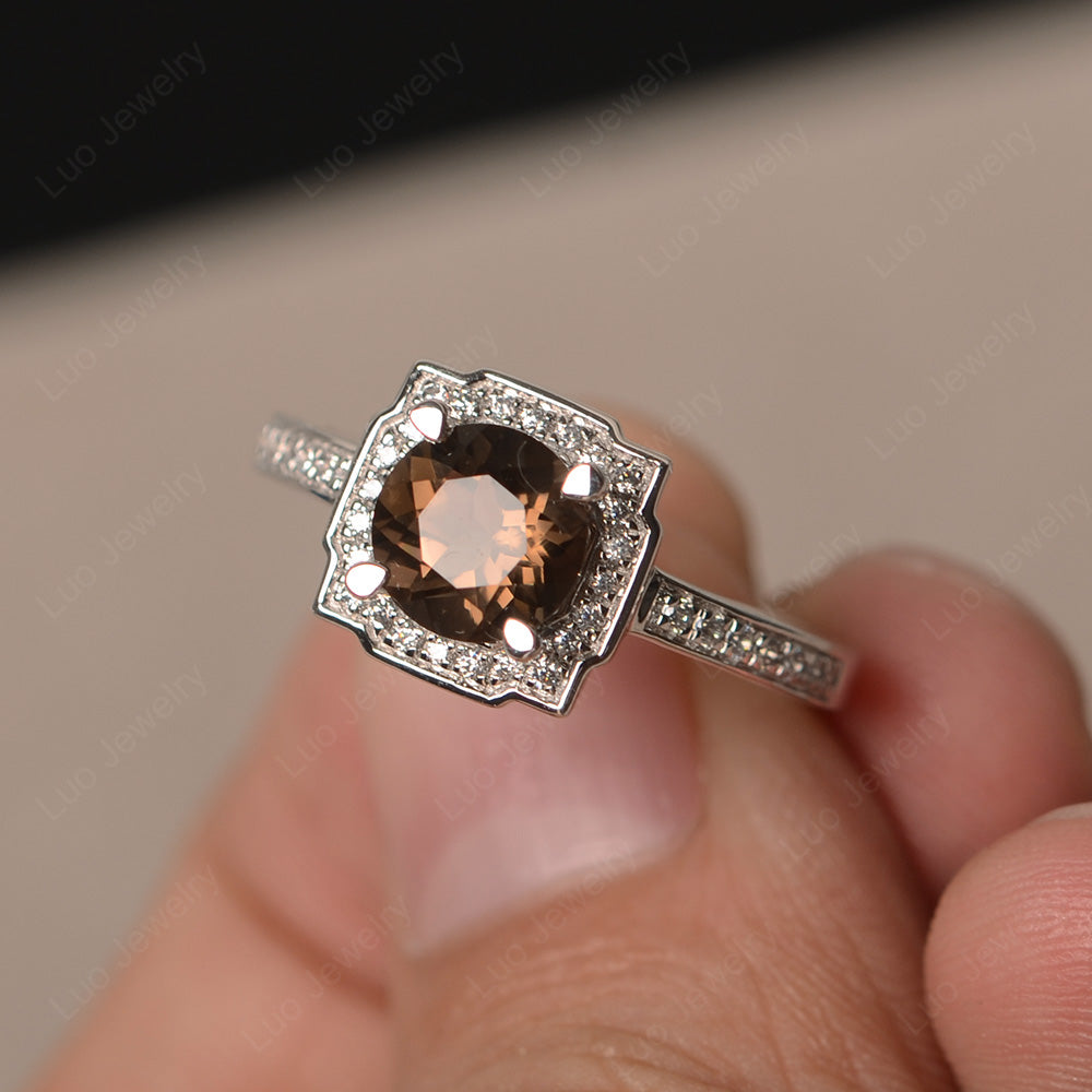Round Cut Smoky Quartz  Halo Engagement Ring Gold - LUO Jewelry