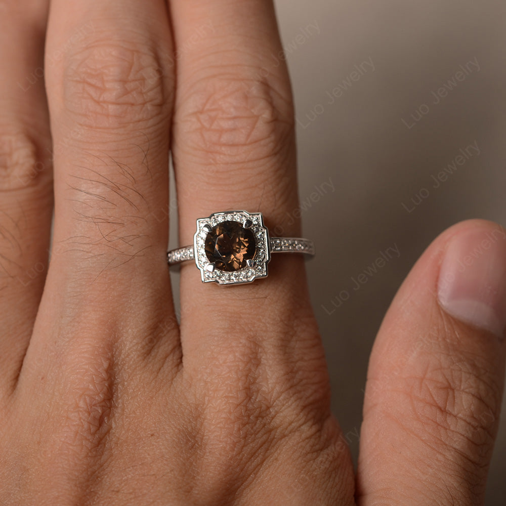 Round Cut Smoky Quartz  Halo Engagement Ring Gold - LUO Jewelry