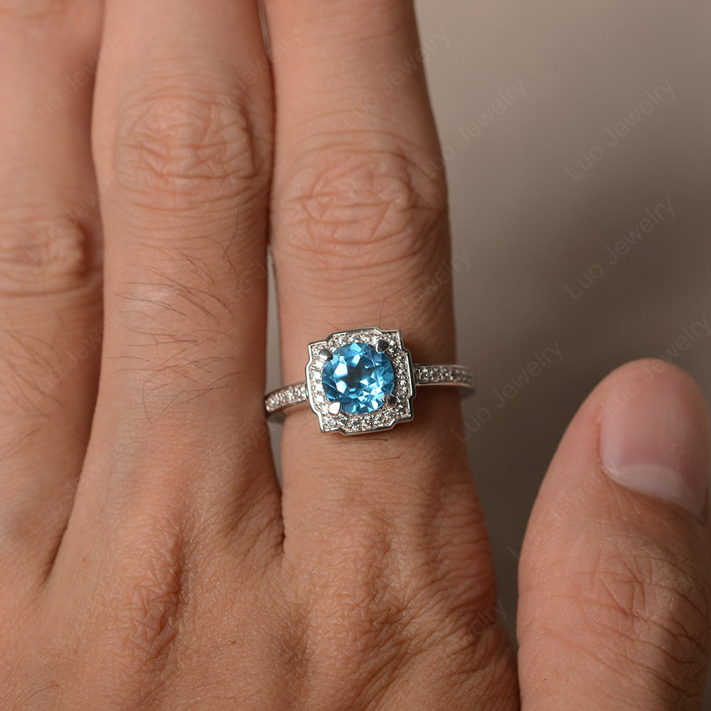 Round Cut Swiss Blue Topaz Halo Engagement Ring Gold - LUO Jewelry