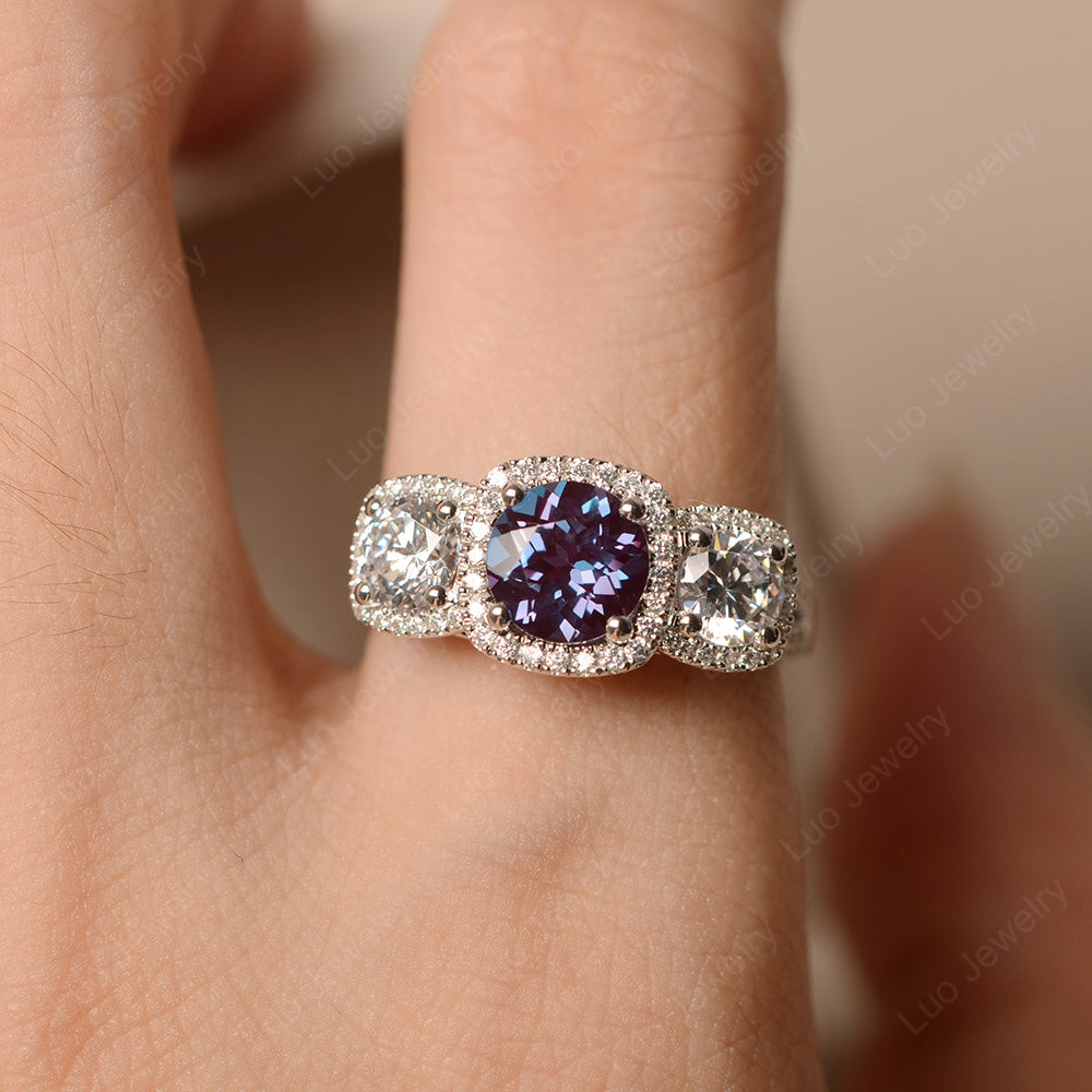 Alexandrite Ring 3 Stone Halo Engagement Ring - LUO Jewelry