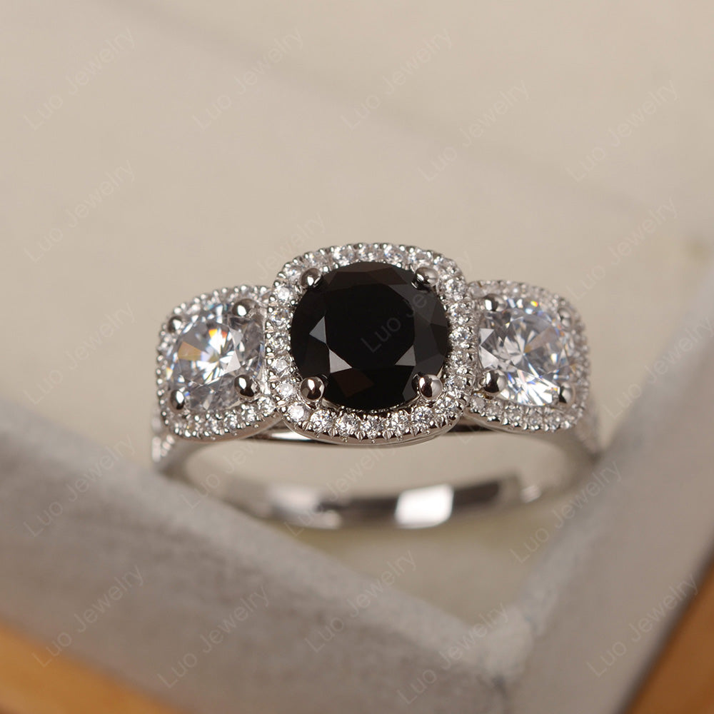 Black Spinel Ring 3 Stone Halo Engagement Ring - LUO Jewelry