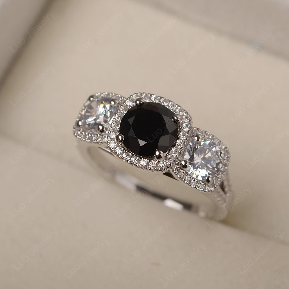 Black Spinel Ring 3 Stone Halo Engagement Ring - LUO Jewelry