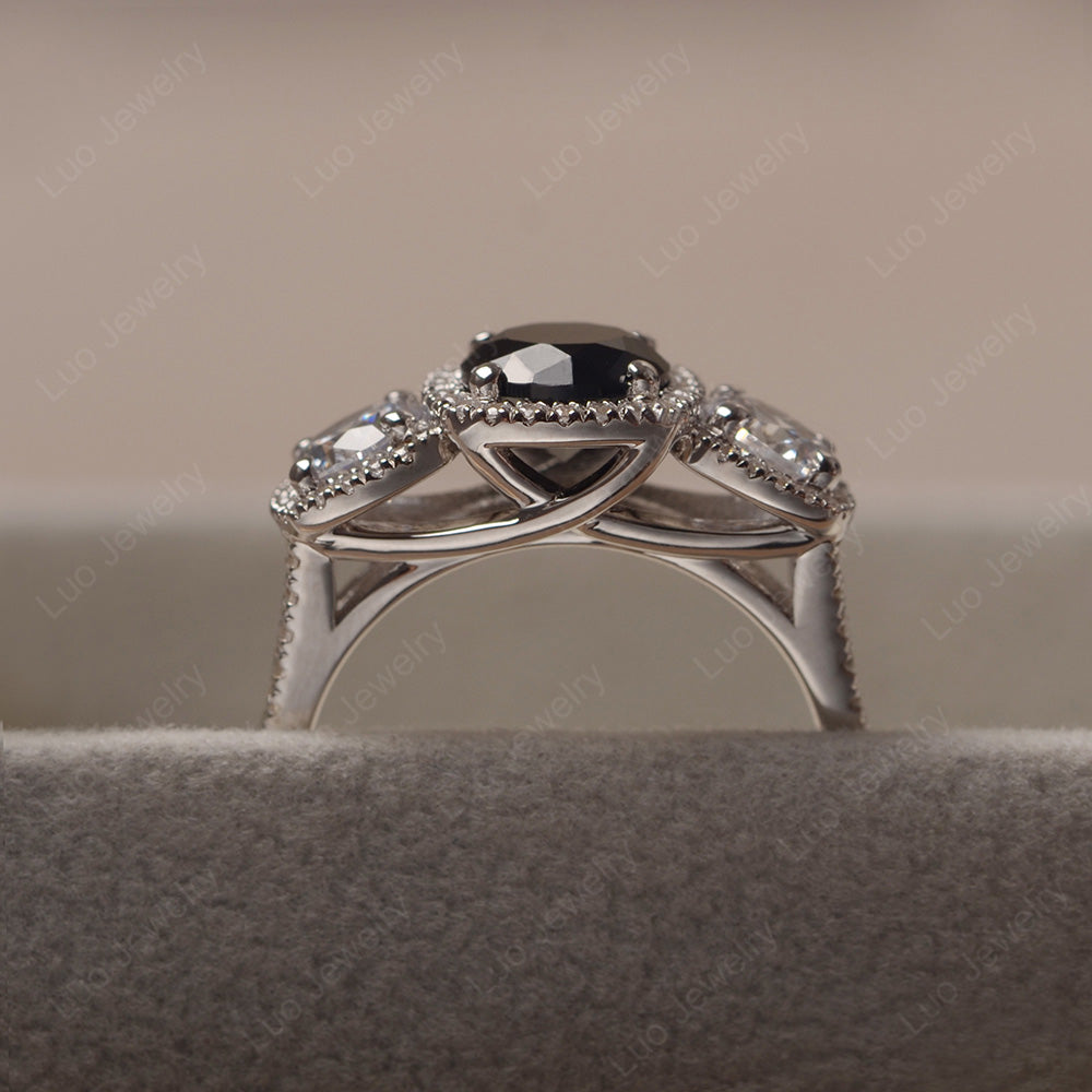Black Spinel Ring 3 Stone Halo Engagement Ring - LUO Jewelry