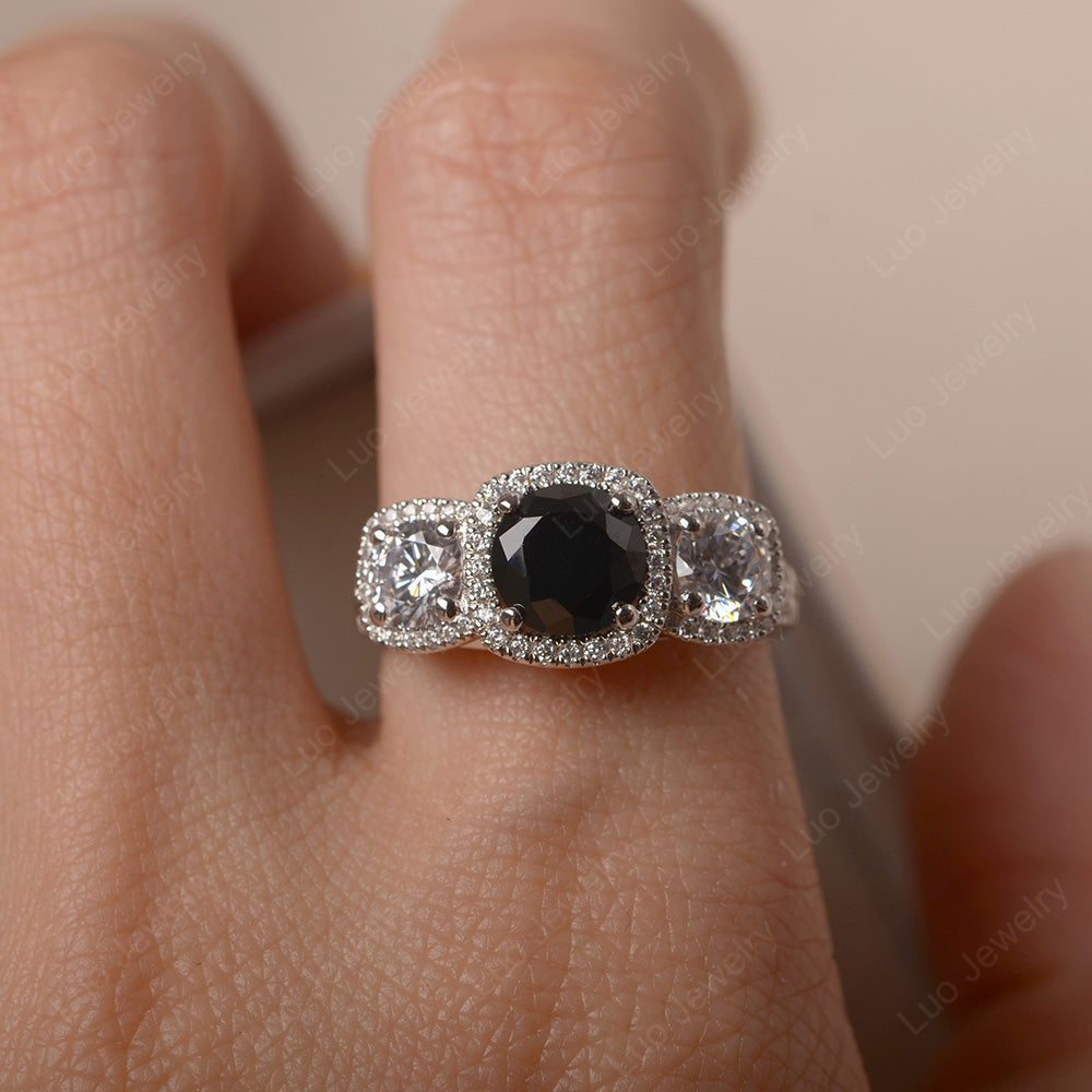 Black Spinel Ring 3 Stone Halo Engagement Ring - LUO Jewelry