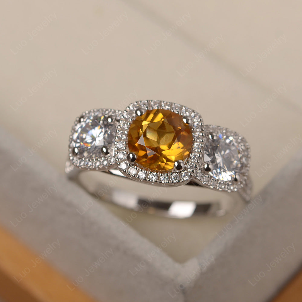 Citrine Ring 3 Stone Halo Engagement Ring - LUO Jewelry