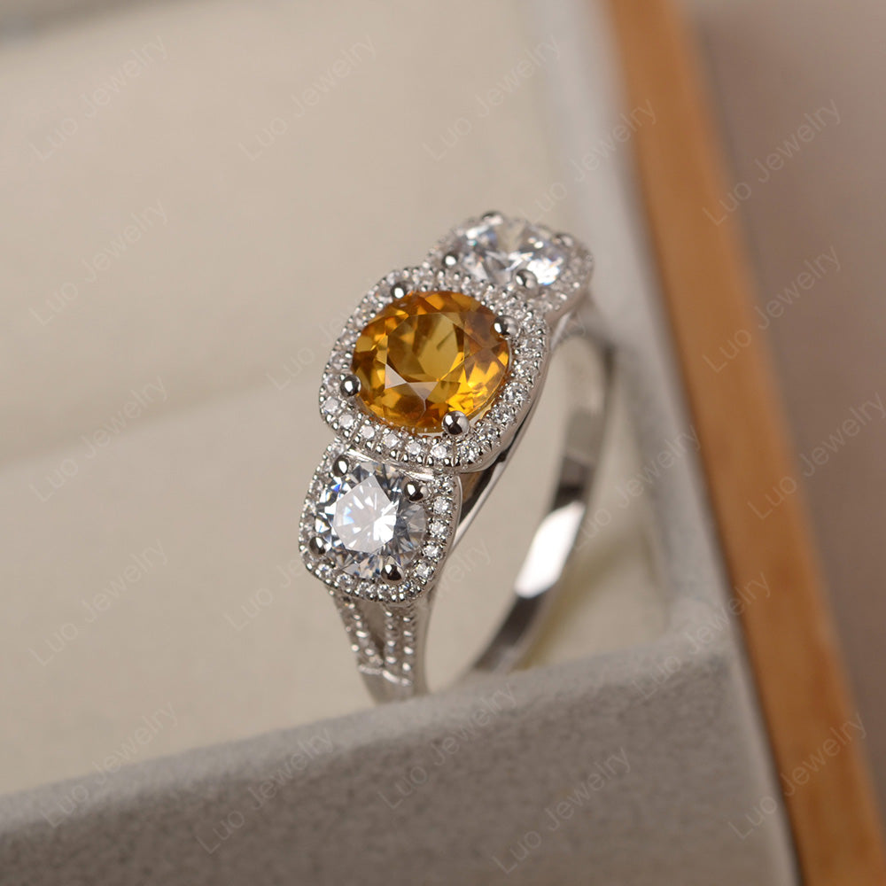 Citrine Ring 3 Stone Halo Engagement Ring - LUO Jewelry